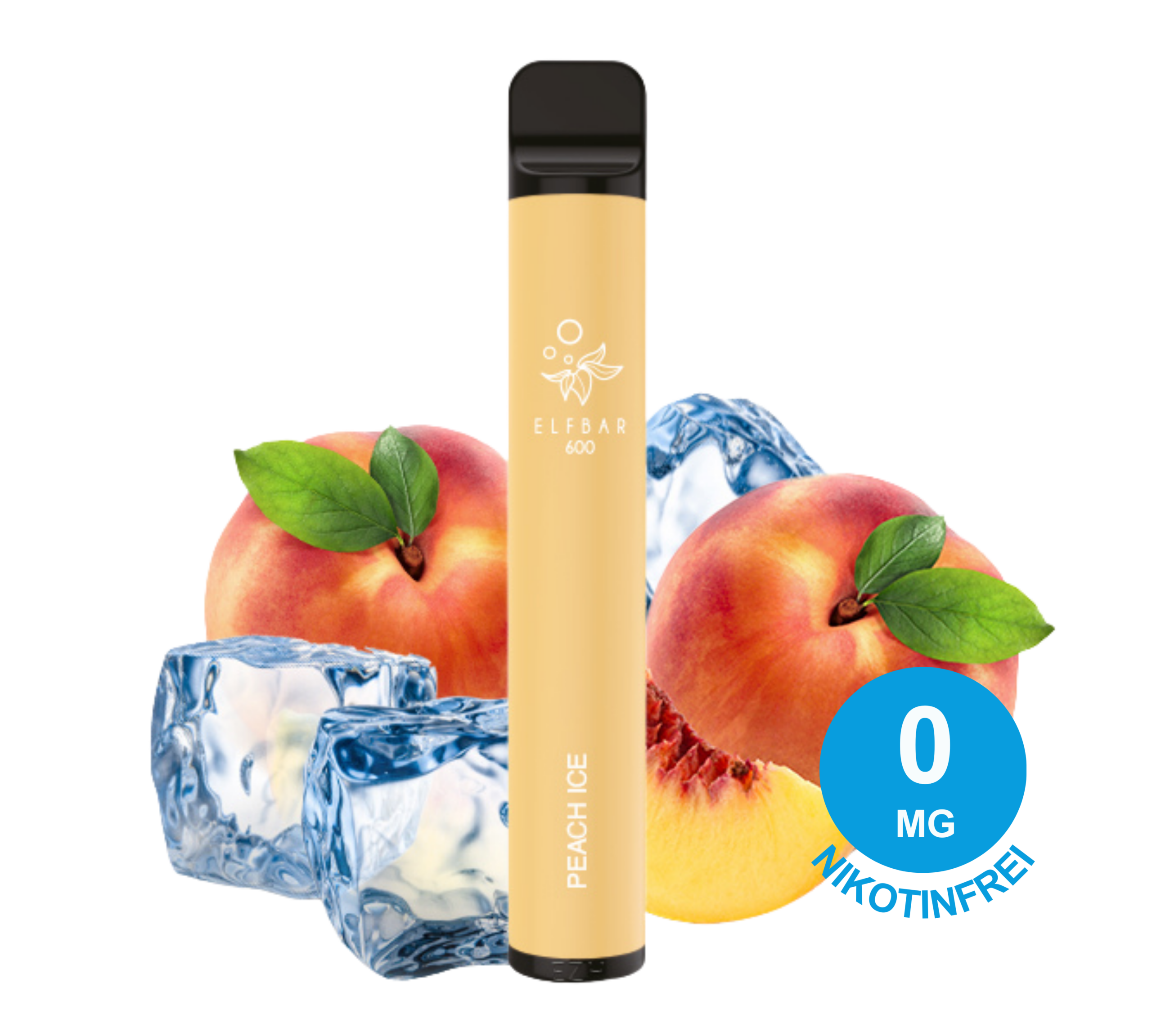 Elfbar 600 V1 Einweg E Zigarette mit der Aufschrift „Peach Ice“ mit Eiswürfeln und Pfirsich, 0mg Nikotinstärke.
