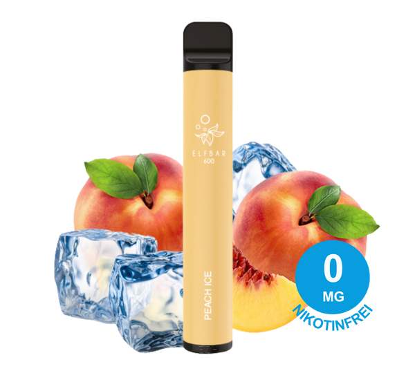 Elfbar 600 V1 Einweg E Zigarette mit der Aufschrift „Peach Ice“ mit Eiswürfeln und Pfirsich, 0mg Nikotinstärke.