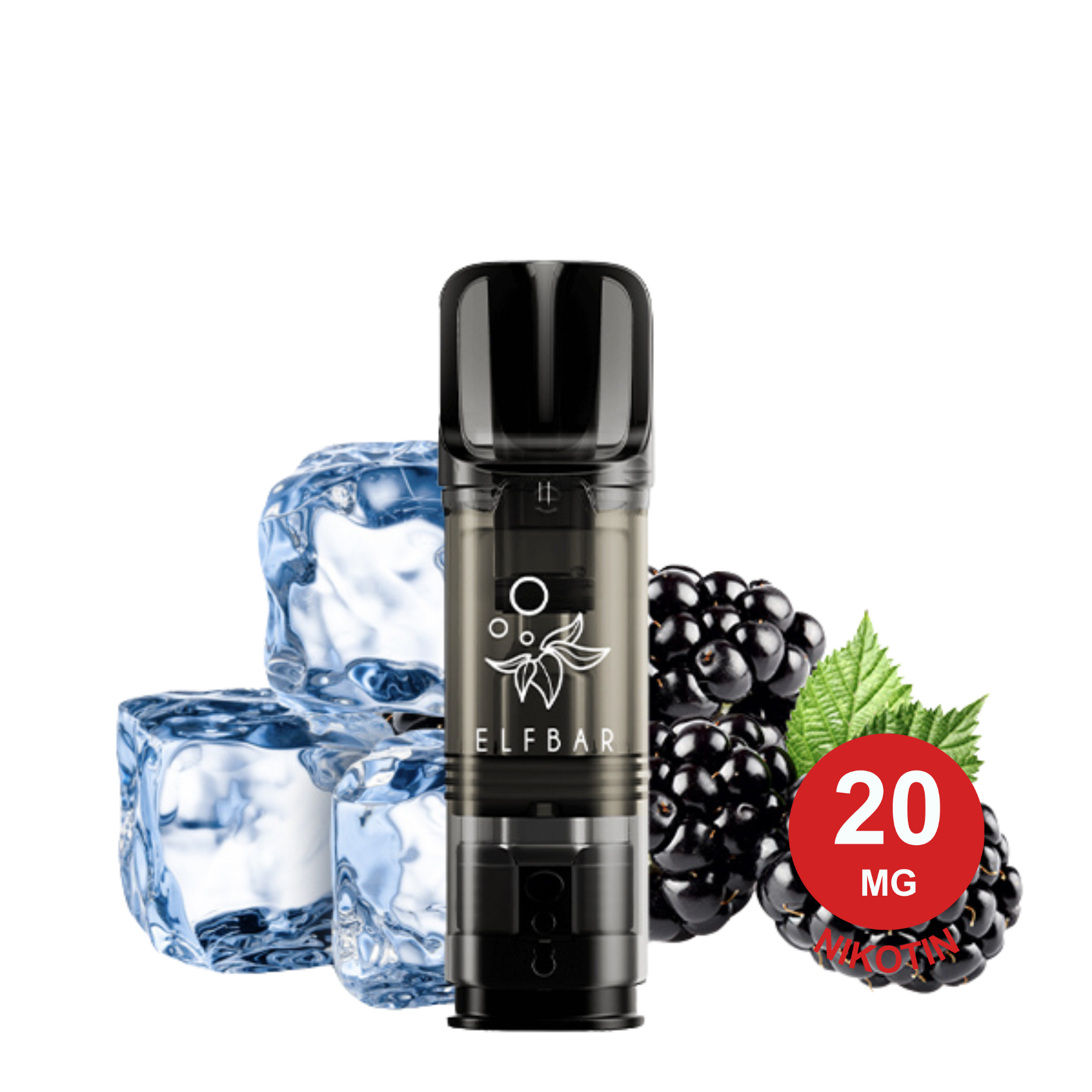 Blackberry Ice ELFA Pod Vape mit Eiswürfeln und Brombeeren auf weißem Hintergrund, betont kühlen, fruchtigen Geschmack