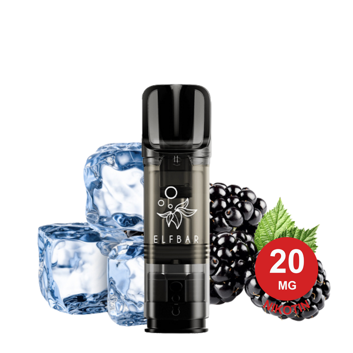 Blackberry Ice ELFA Pod Vape mit Eiswürfeln und Brombeeren auf weißem Hintergrund, betont kühlen, fruchtigen Geschmack