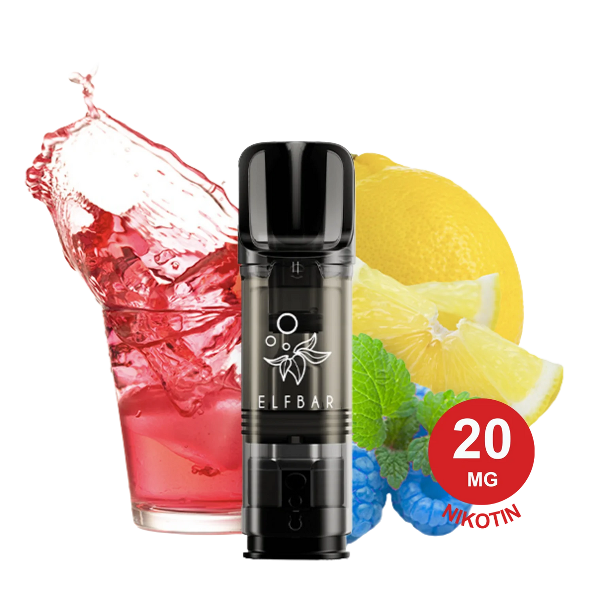 Blue Razz Lemonade ELFA Pods mit einem Glas roter Flüssigkeit, Eisspritzern, Zitrone, grünen Blättern und blauen Himbeeren im Hintergrund.