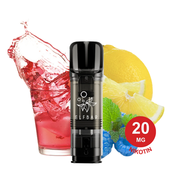 Blue Razz Lemonade ELFA Pods mit einem Glas roter Flüssigkeit, Eisspritzern, Zitrone, grünen Blättern und blauen Himbeeren im Hintergrund.