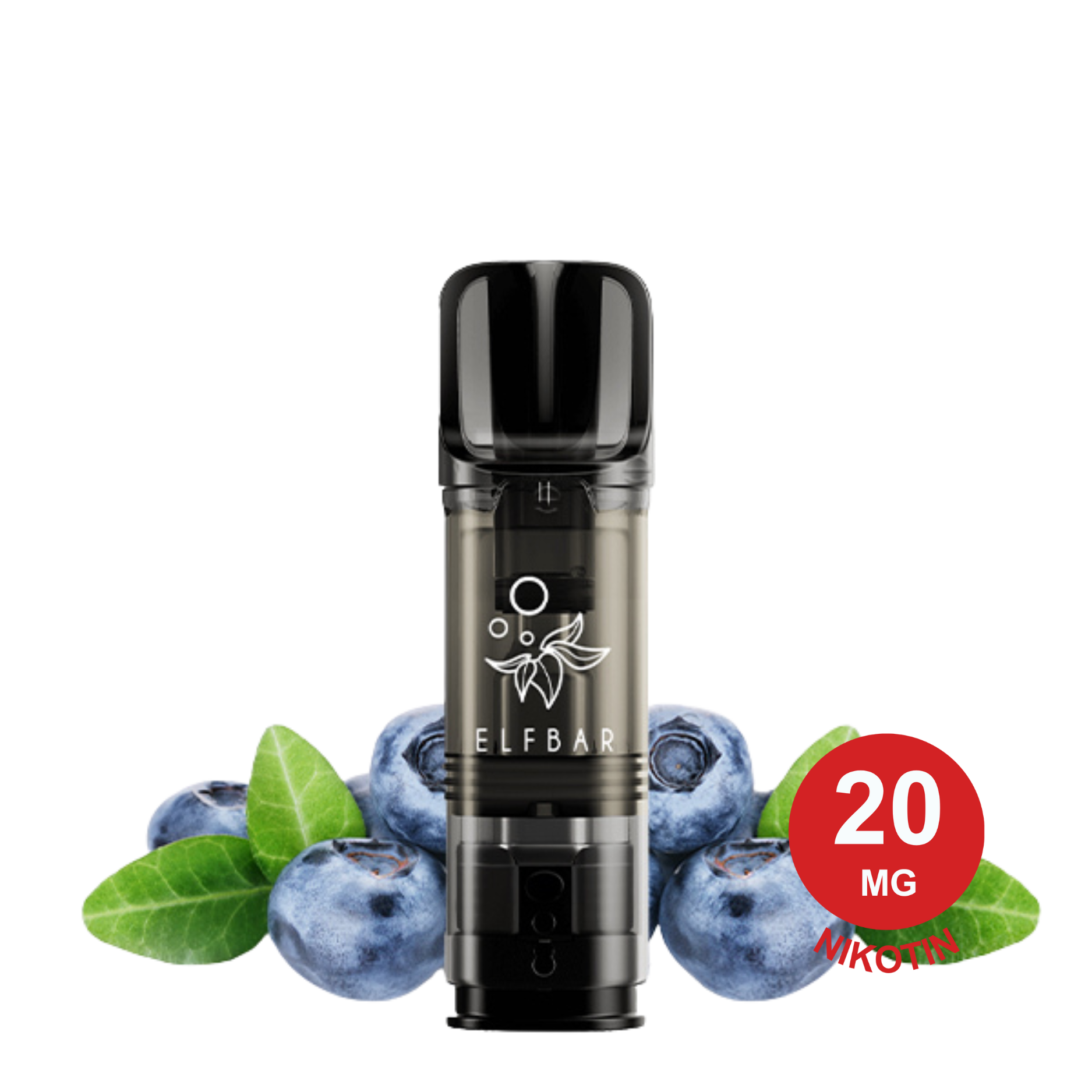 Blueberry ELFA Pod, umgeben von frischen Blaubeeren und grünen Blättern.