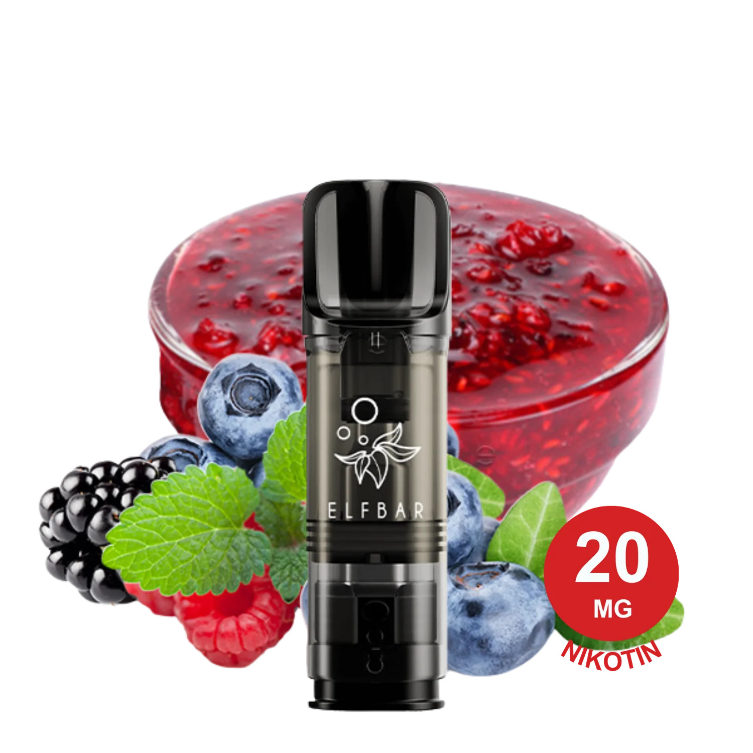Blueberry Snoow ELFA Pod Vape neben Beerenmarmelade in einer Glasschale mit frischen Blaubeeren, Himbeeren, Brombeeren und Minzblättern.