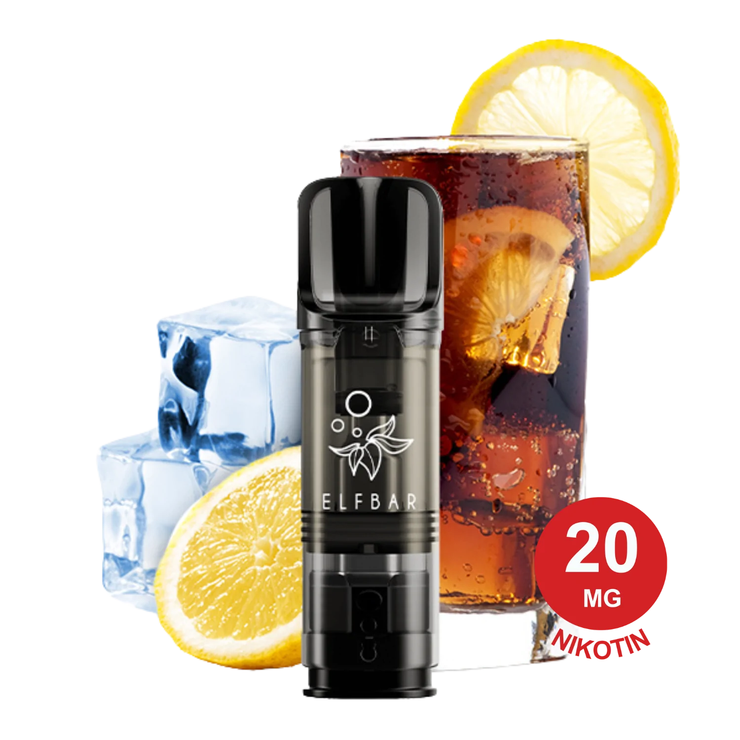 Schwarzer 2x Cola ELFA Pod-Sodamaker mit Eistee, Zitronengarnitur, Eiswürfeln und Zitronenscheiben im Hintergrund.