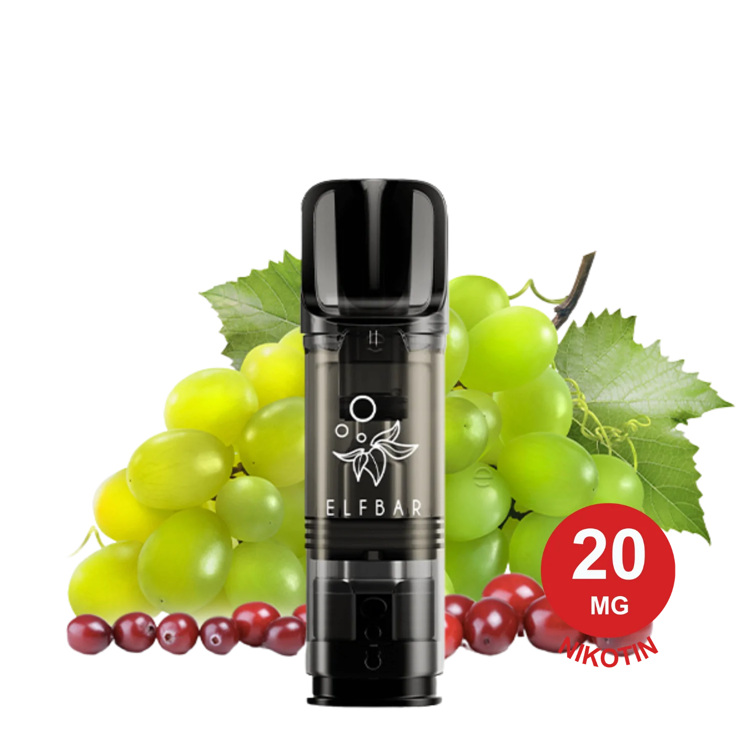 Cranberry Grape ELFA Pod mit kleinem Mundstück, dargestellt mit grünen Trauben und roten Beeren auf weißem Hintergrund