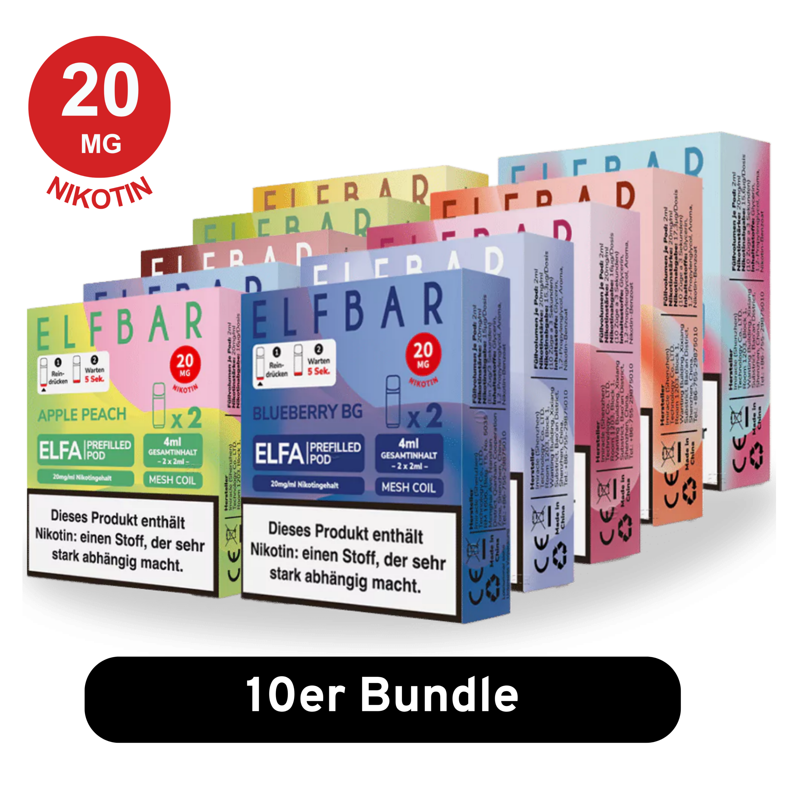 ELFBAR ELFA Pods- 10er Mix-Bundle– vorgefüllte Elfbar Pods mit 20 mg/ml Nikotinsalz in verschiedenen Geschmacksrichtungen wie Cola, Kiwi Passion Fruit Guava und Elfergy. Kompatibel mit ELFA Akkuträgern, ausgestattet mit Mesh Coil-Technologie für intensiven Geschmack und sanften Dampf.