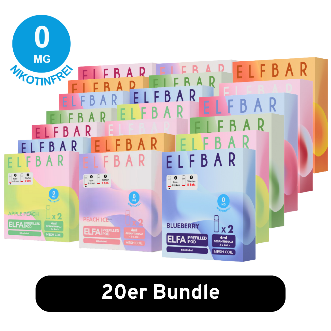 20er Elfbar Pods nikotinfrei Bundle mit frei wählbaren 0mg Nikotin Sorten und 2 ELFA Pods je Packung.