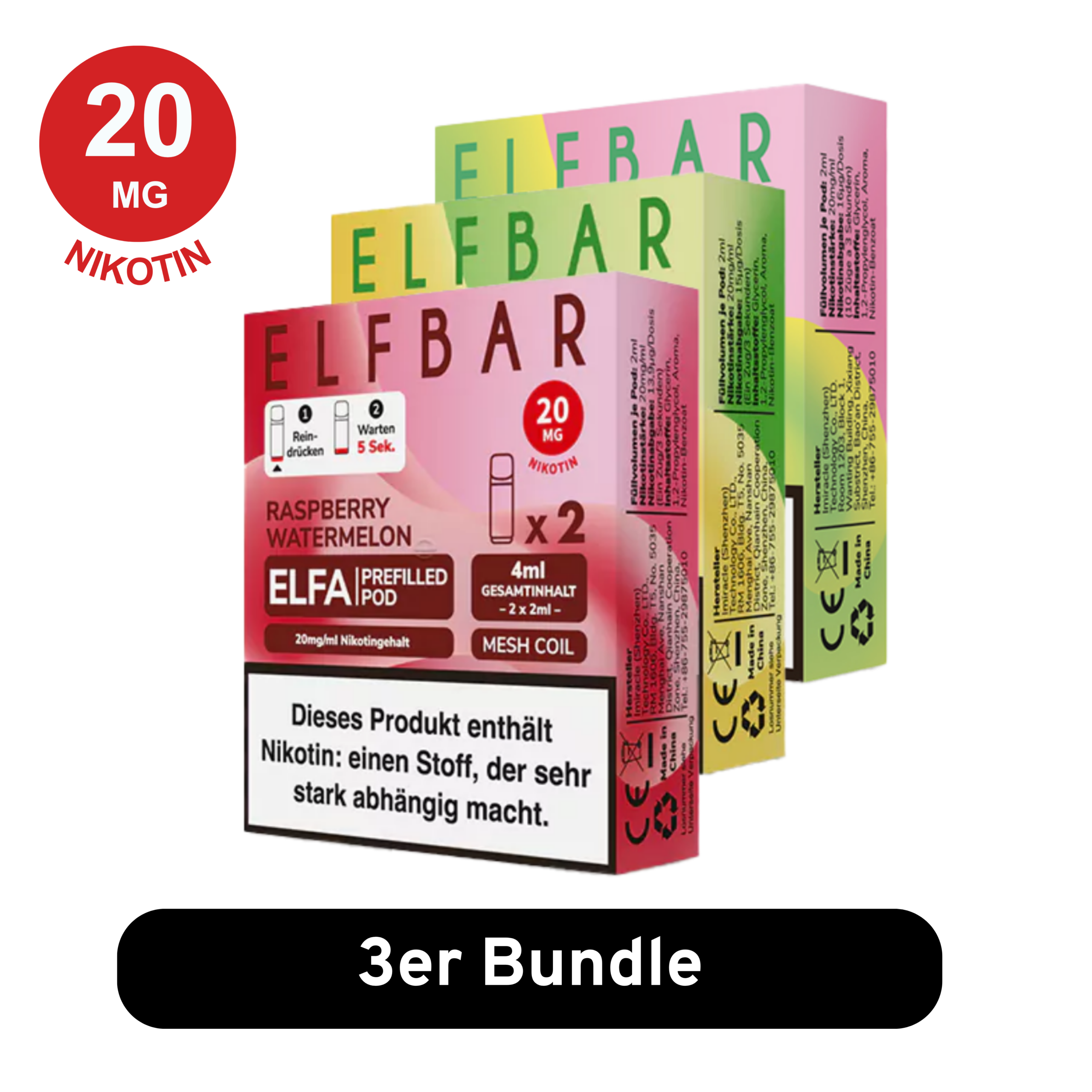 Elfbar ELFA 3er Bundle – vorgefüllte Elfbar Pods mit 20 mg/ml Nikotinsalz in verschiedenen Geschmacksrichtungen wie Cola, Kiwi Passion Fruit Guava und Elfergy. Kompatibel mit ELFA Akkuträgern, ausgestattet mit Mesh Coil-Technologie für intensiven Geschmack und sanften Dampf.