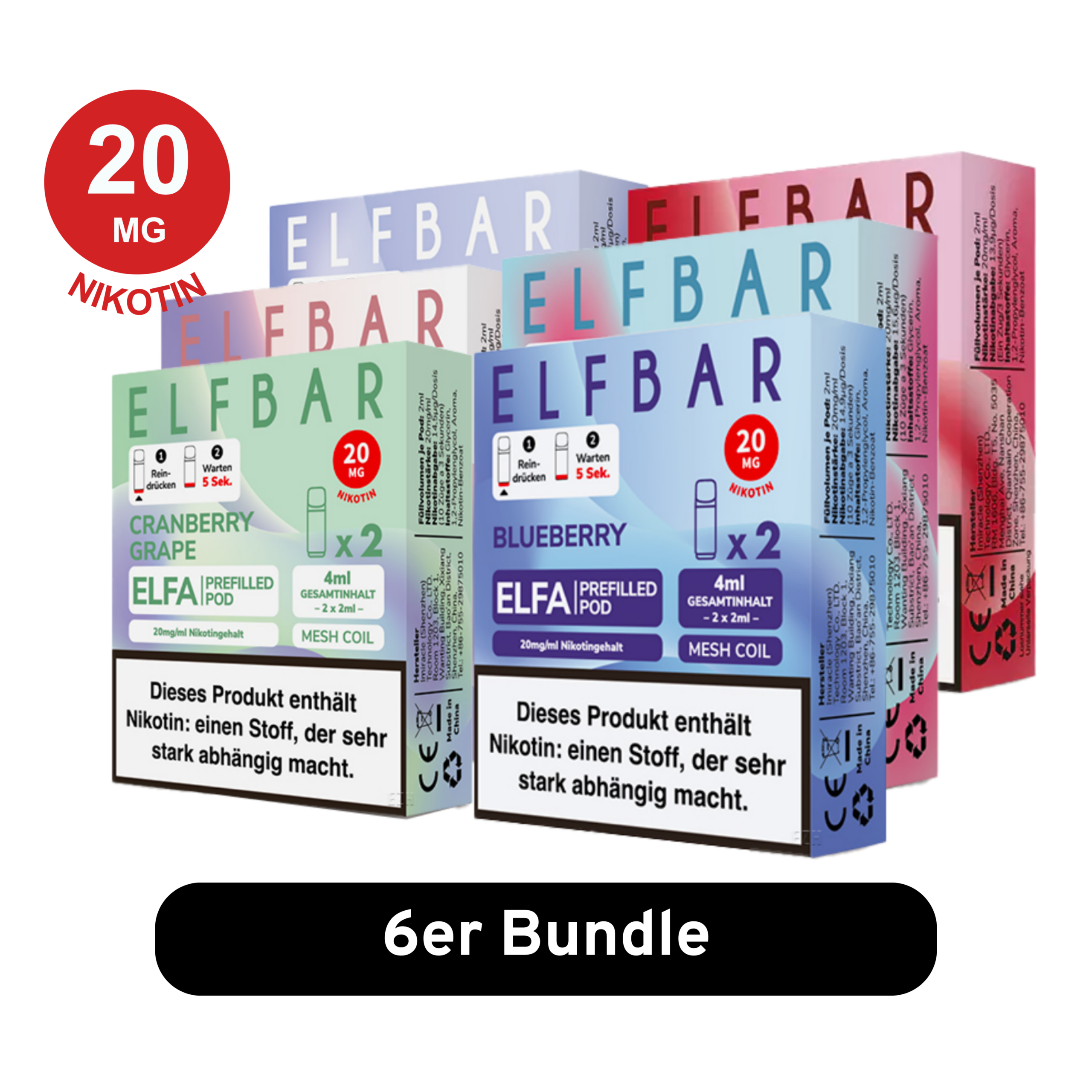 ELFBAR ELFA Pods- 6er Mix-Bundle – vorgefüllte Elfbar Pods mit 20 mg/ml Nikotinsalz in verschiedenen Geschmacksrichtungen wie Cola, Kiwi Passion Fruit Guava und Elfergy. Kompatibel mit ELFA Akkuträgern, ausgestattet mit Mesh Coil-Technologie für intensiven Geschmack und sanften Dampf.
