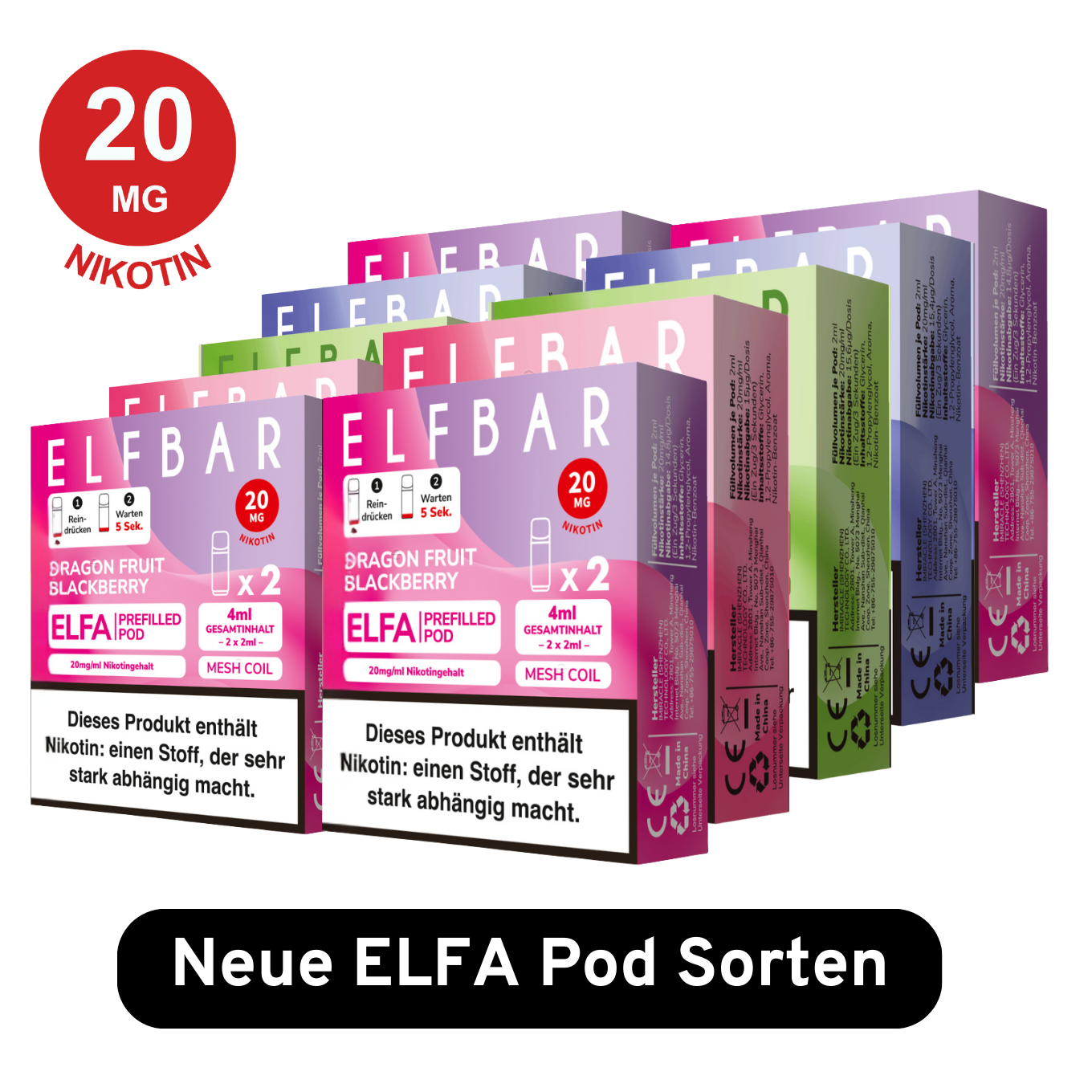 Elfbar Pods Neue Sorten 10er Bundle mit 20mg Nikotin. Neue Geschmäcker: Dragon Fruit Blackberry, Pineapple Acai, Pineapple Coconut, Cola & Orange ELFA Pods.