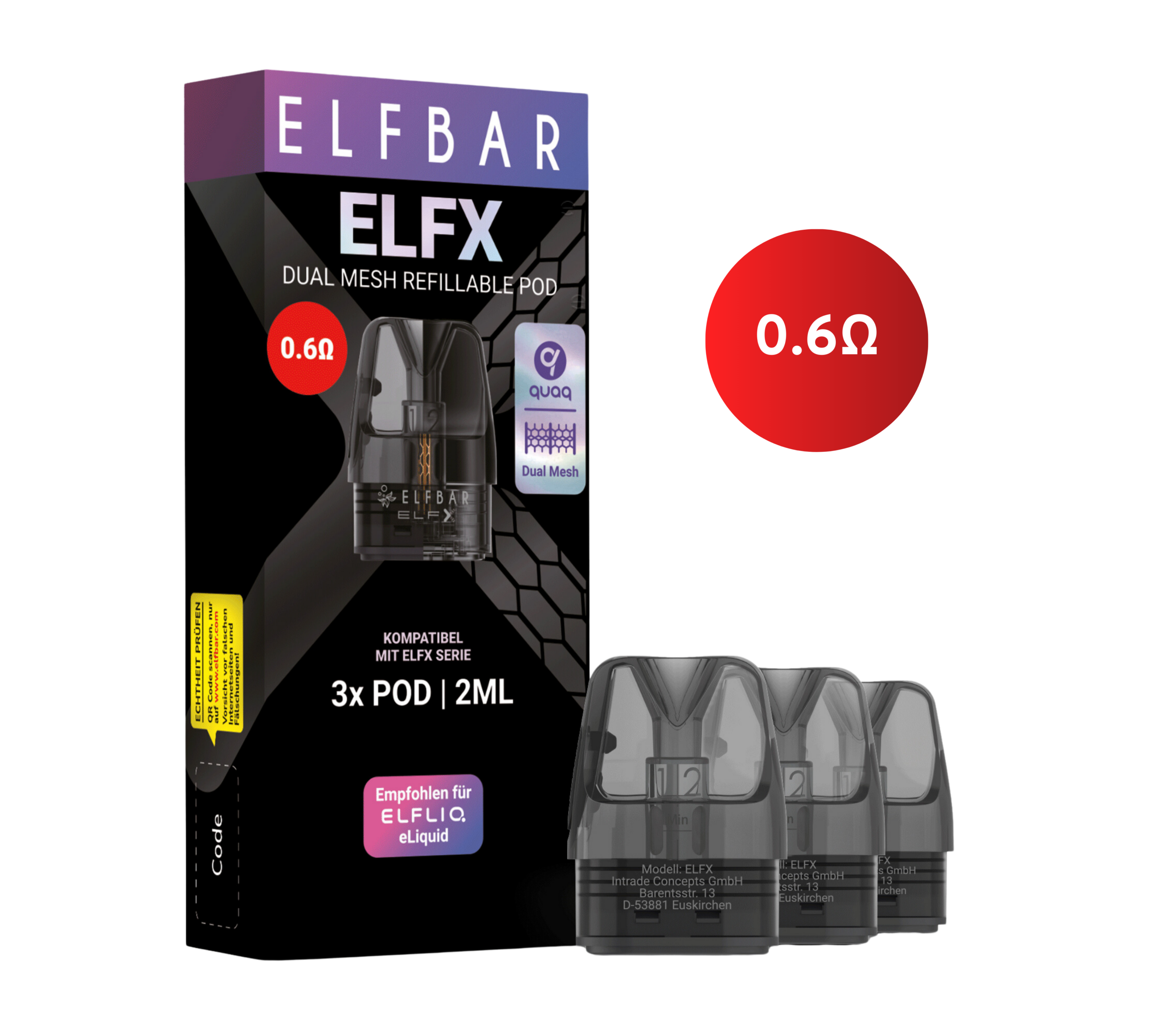 Bild des ELFX-Nachfüllsets – Schwarz. Auf der Verpackung sind ein Widerstand von 0,6 Ω und Dual-Mesh-Technologie angegeben, die mit der ELF X-Serie kompatibel sind. Die Schachtel enthält 3 nachfüllbare Pods mit jeweils 2 ml Fassungsvermögen. Neben der Schachtel sind drei nachfüllbare Pods abgebildet.