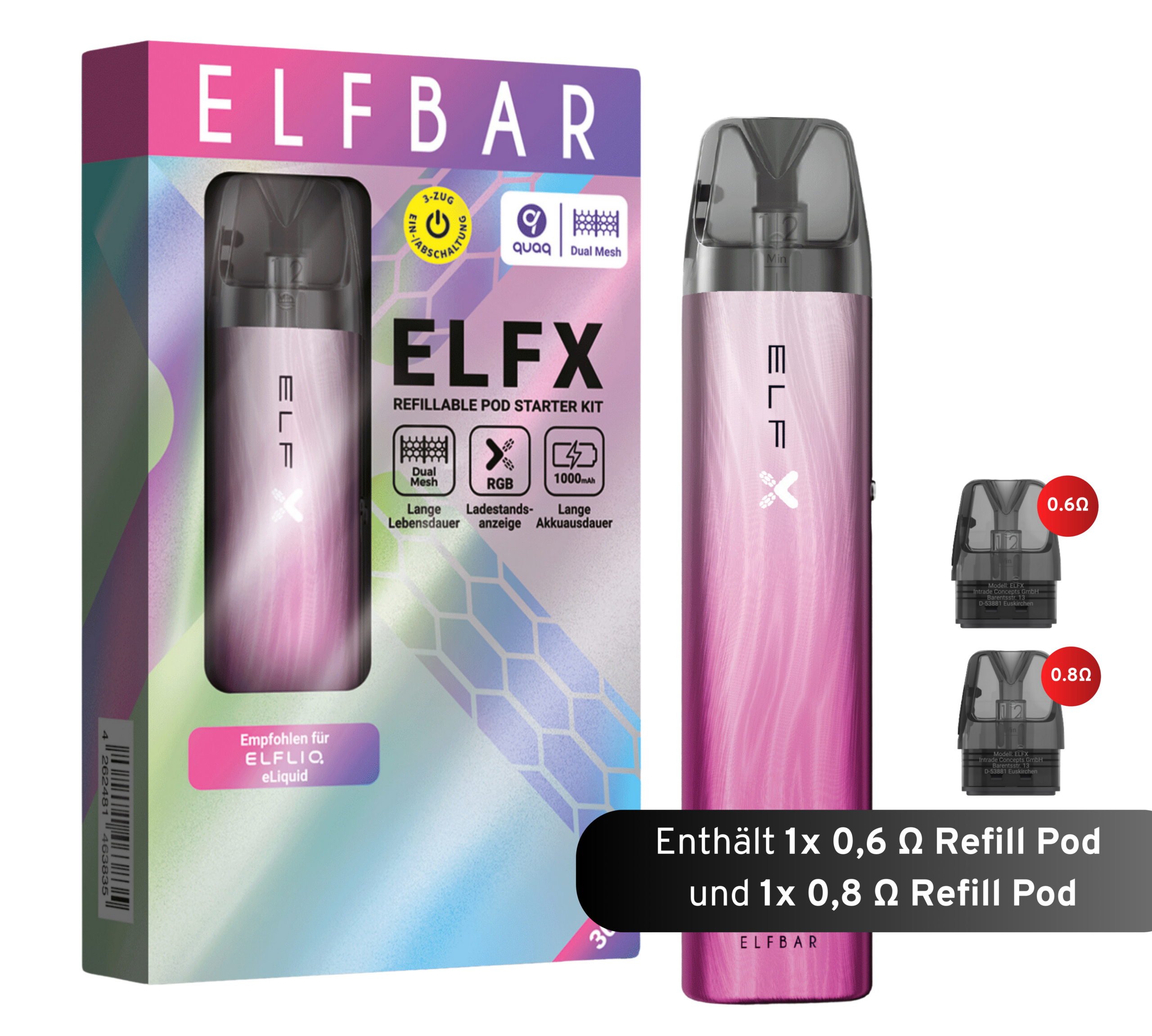 Nachfüllset von ELFX – Silver Pink, mit elegantem Verdampfergerät mit zwei Nachfüllkapseln (0,6 Ω und 0,8 Ω) auf weißem Hintergrund.
