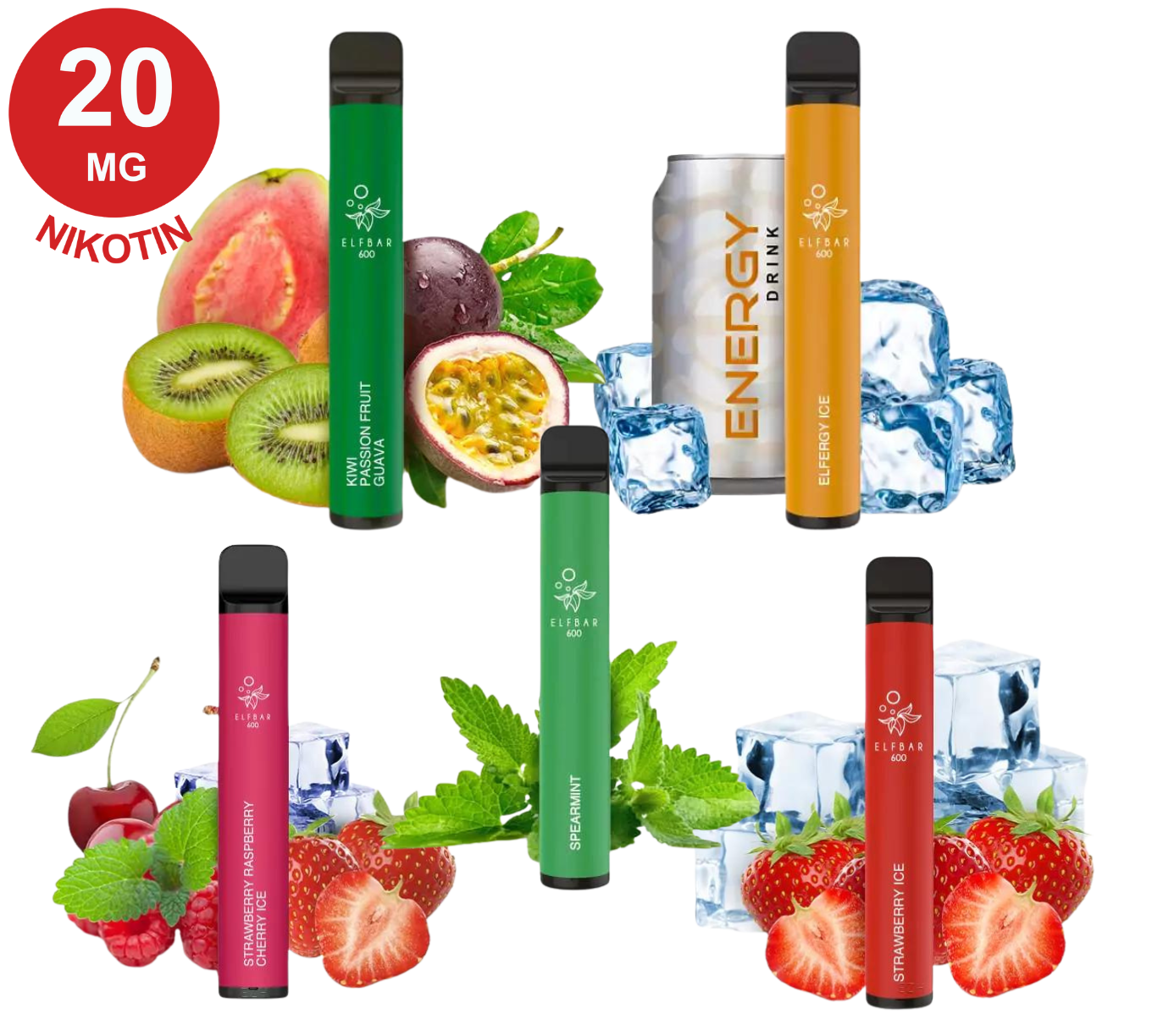 Elfbar-5er Probierset: Passionsfrucht-Kiwi-Guave, Energy Ice, Heidelbeer-Sauer-Himbeere, klassischer Energydrink, Erdbeereis"`
