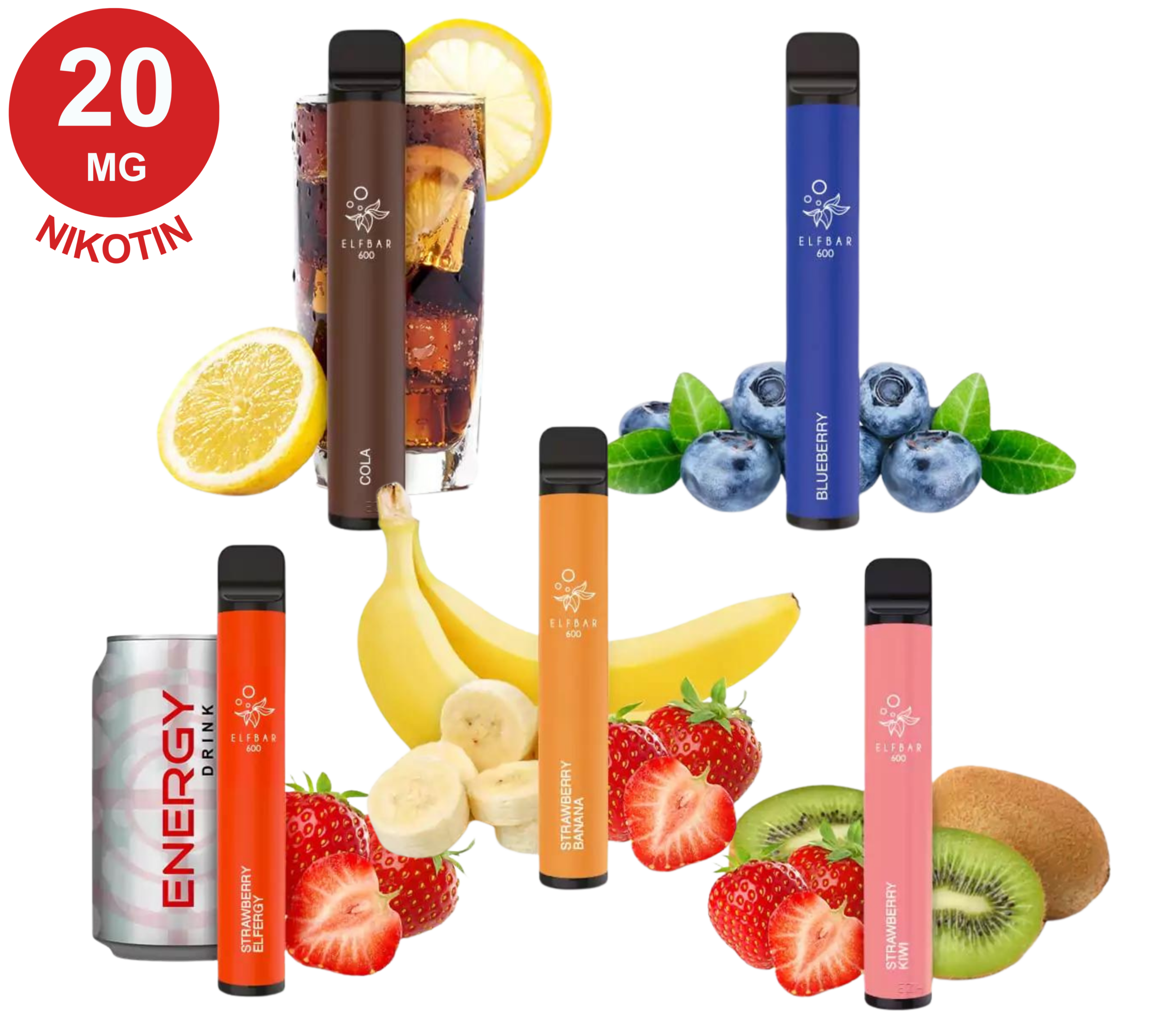 5-teiliges Sommer-Probierset mit Cola-, Heidelbeer-, Erdbeer-, Energydrink- und Fruchtmix-Design.