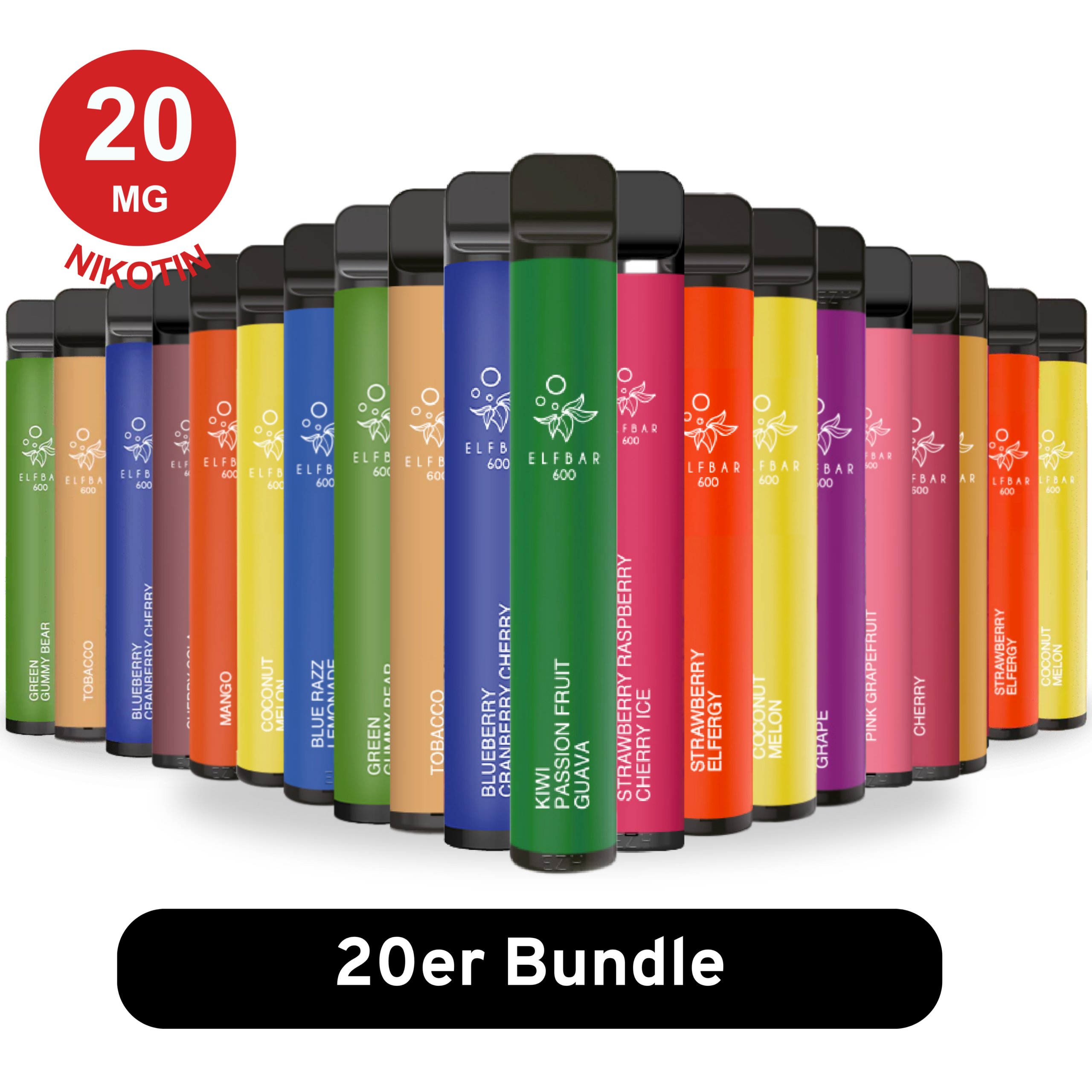 ELFBAR 600 - 20er Mix-Bundle – Einweg E-Zigaretten mit 20 mg/ml Nikotinsalz in verschiedenen Geschmacksrichtungen wie Mango, Blueberry, Kiwi Passion Fruit Guava, Tobacco und mehr. Jede Elfbar bietet bis zu 600 Züge für ein intensives Dampferlebnis.