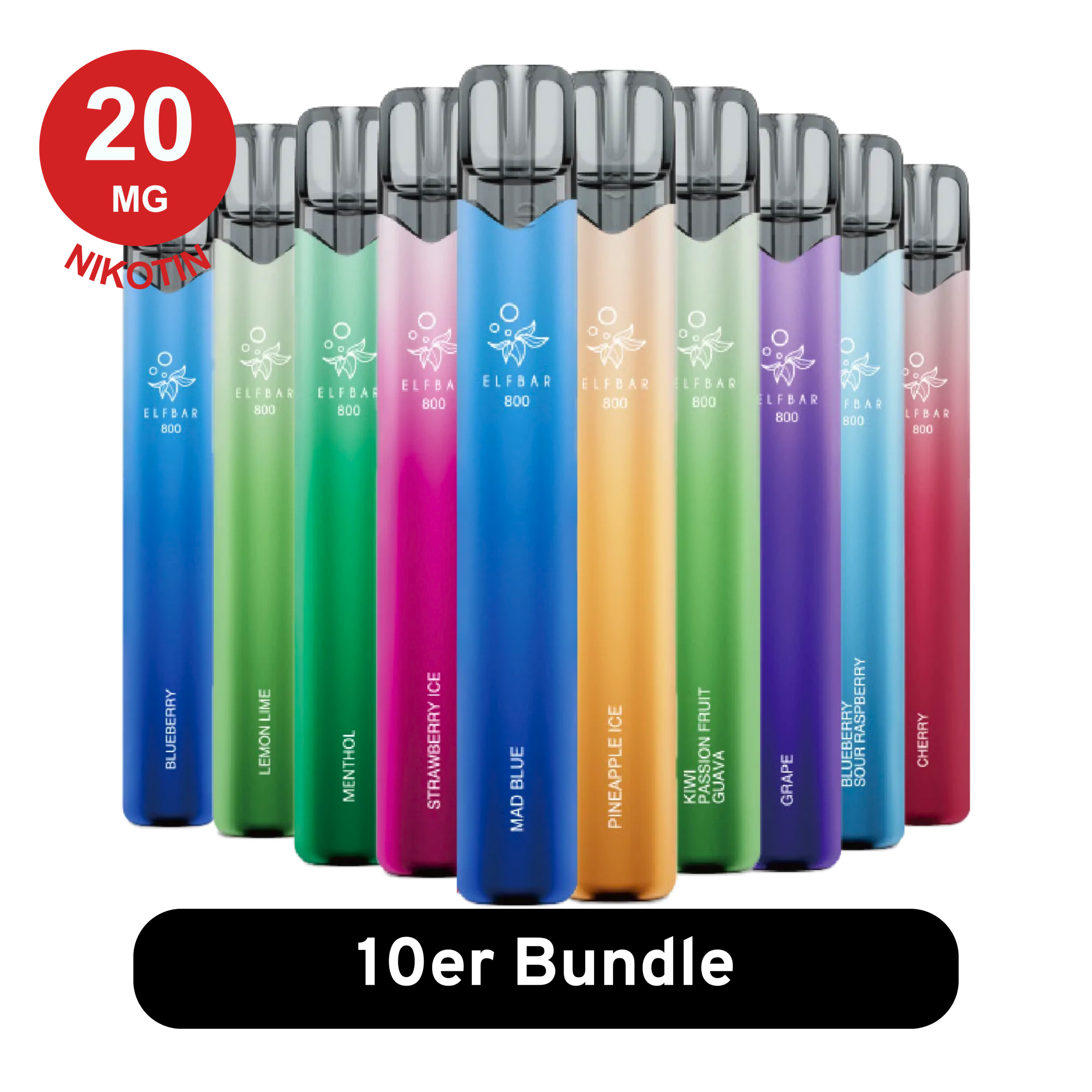 Elfbar 800 10er Mix-Bundle E Zigaretten Vapes in einer ordentlichen Reihe, mit verschiedenen Geschmacksrichtungen und farbenfroher Verpackung.