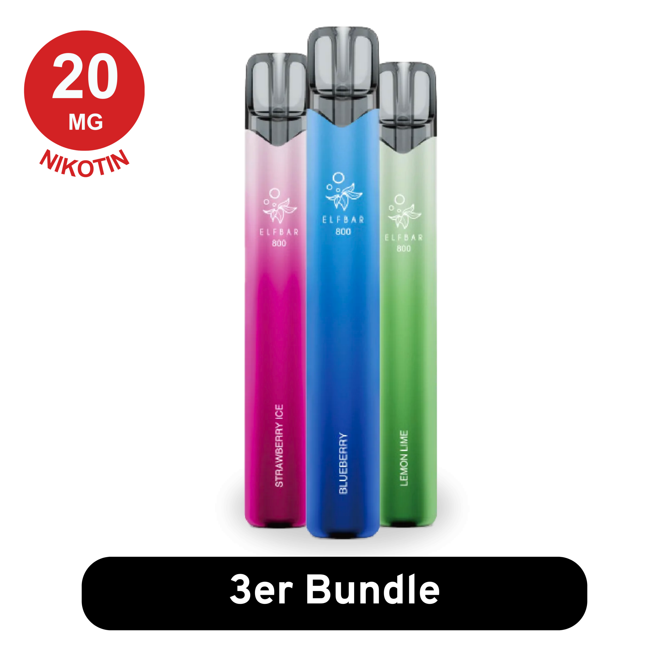 Elfbar 800 3er Mix-Bundle E Zigaretten Vapes in einer ordentlichen Reihe, mit verschiedenen Geschmacksrichtungen und farbenfroher Verpackung.