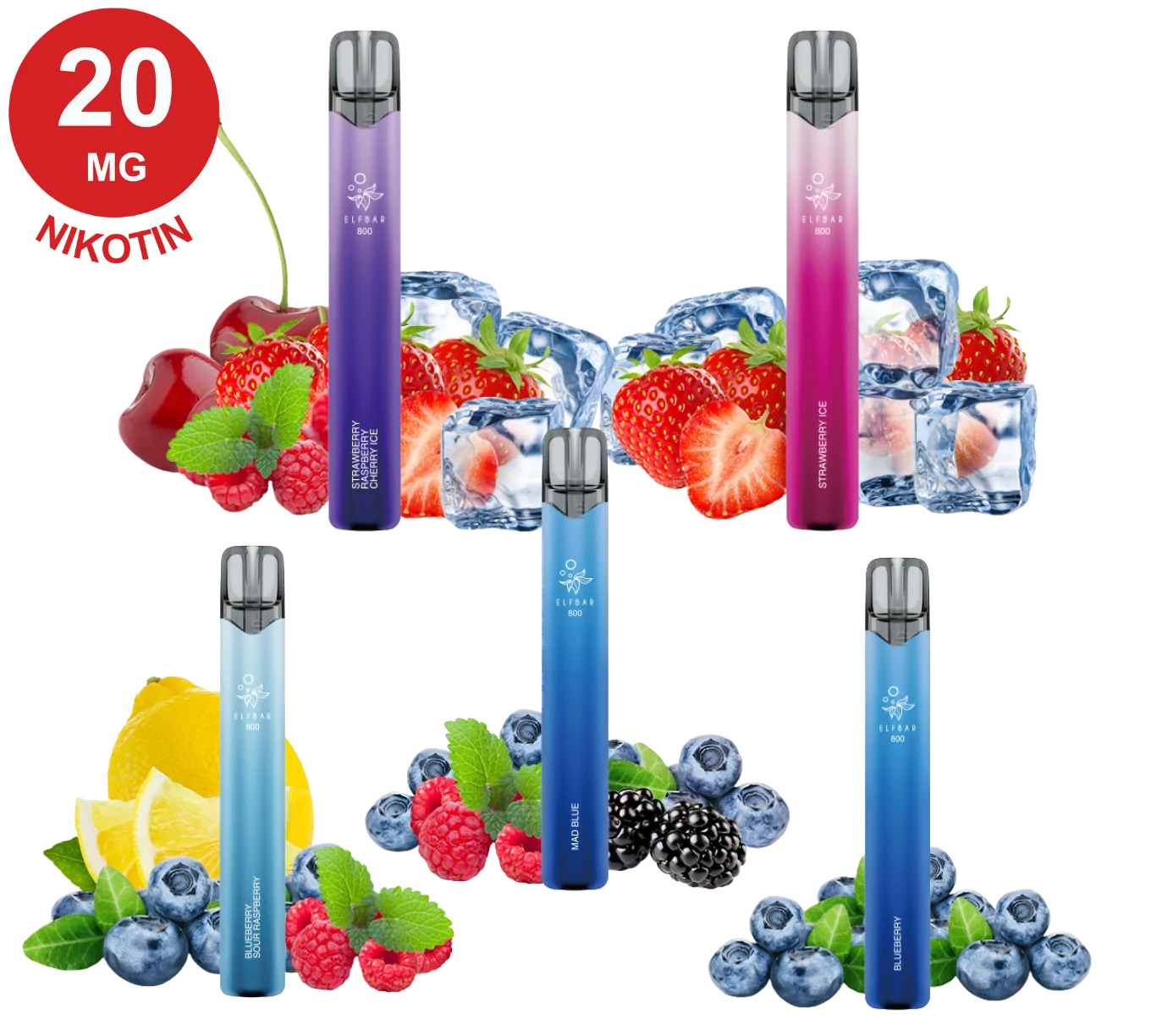 Fünf bunte Elfbar 800 Probierset Berry Dream Vape Pens mit Fruchtaromen und Eiswürfeln, rotes Etikett: „20 MG NIKOTIN“.