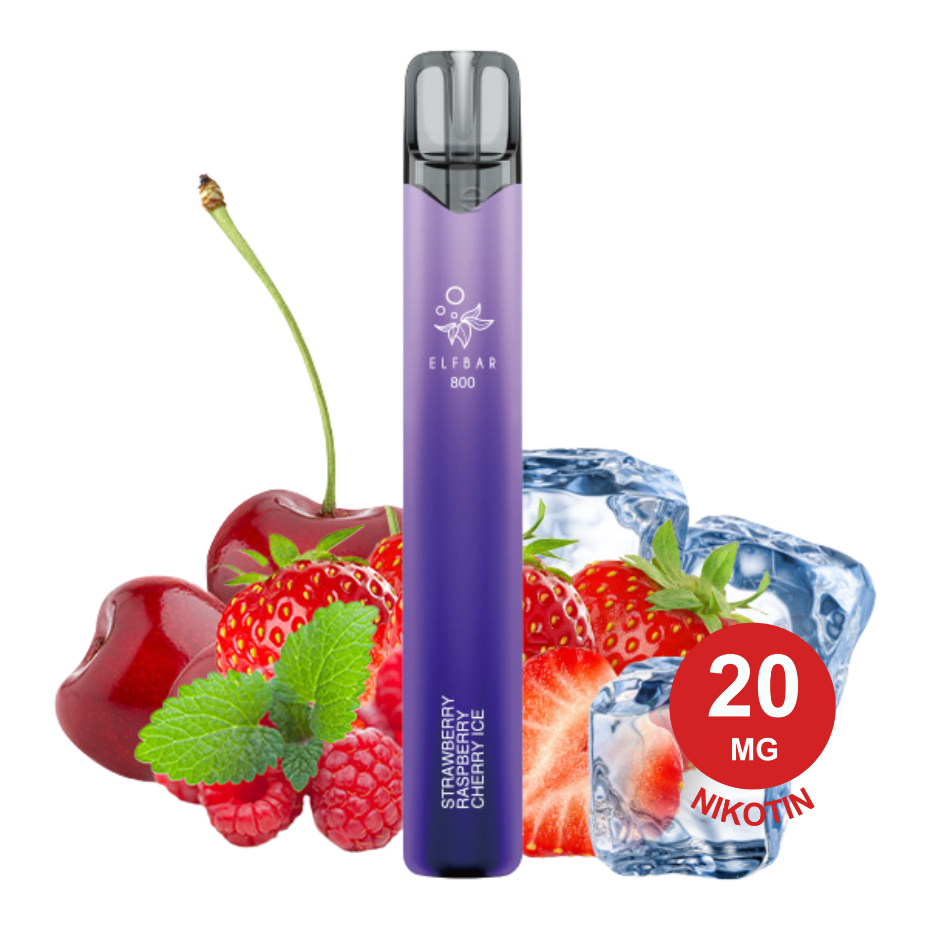 Elfbar 800 Vape Pen, lila, Erdbeer-Himbeer-Kirsch-Minze-Eis-Aromen, 20 mg Nikotin-Etikett.