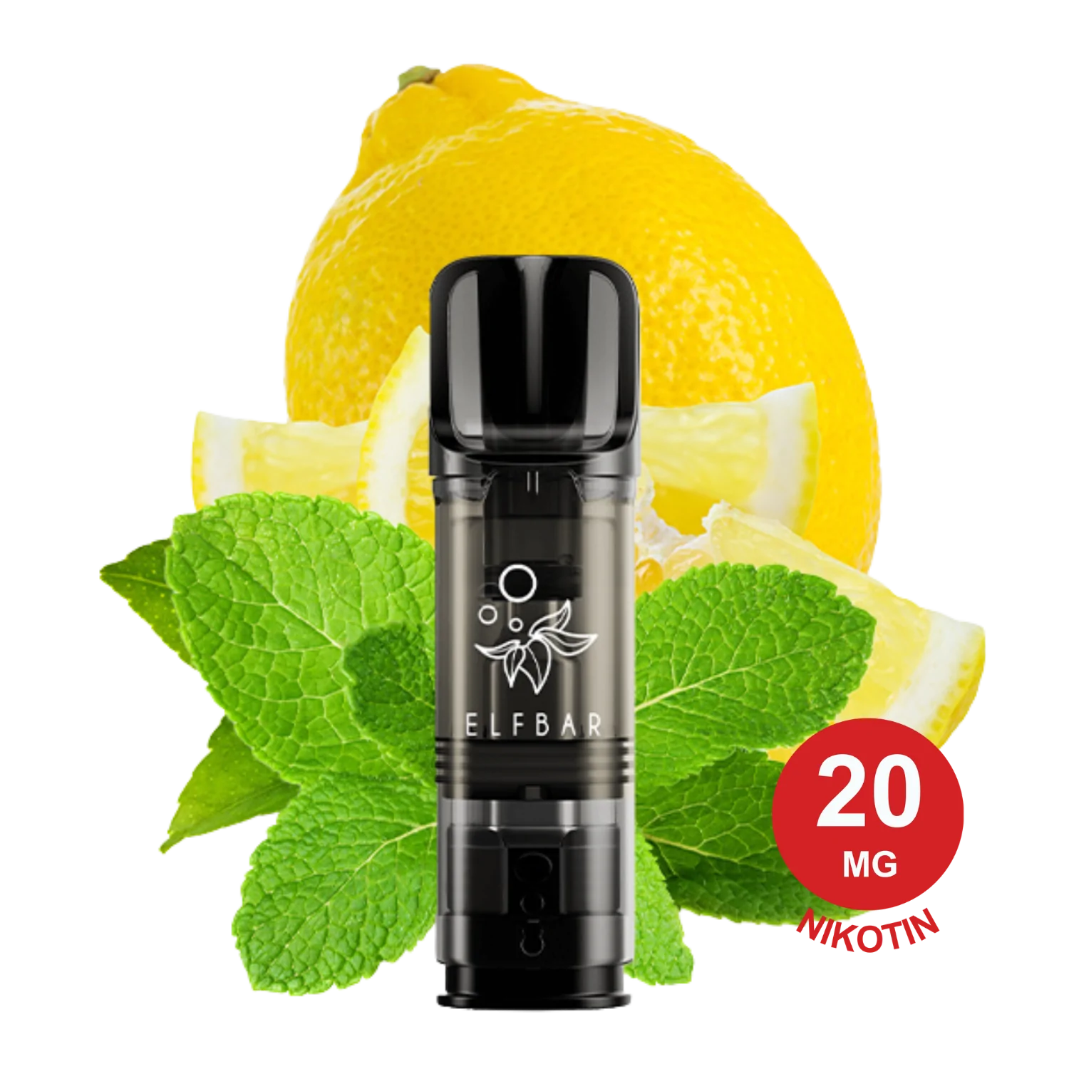 Black Lemon Mint ELFA Pod Vape-Gerät mit Zitronen- und Minzblättern im Hintergrund, Firmenlogo und Branding sichtbar.