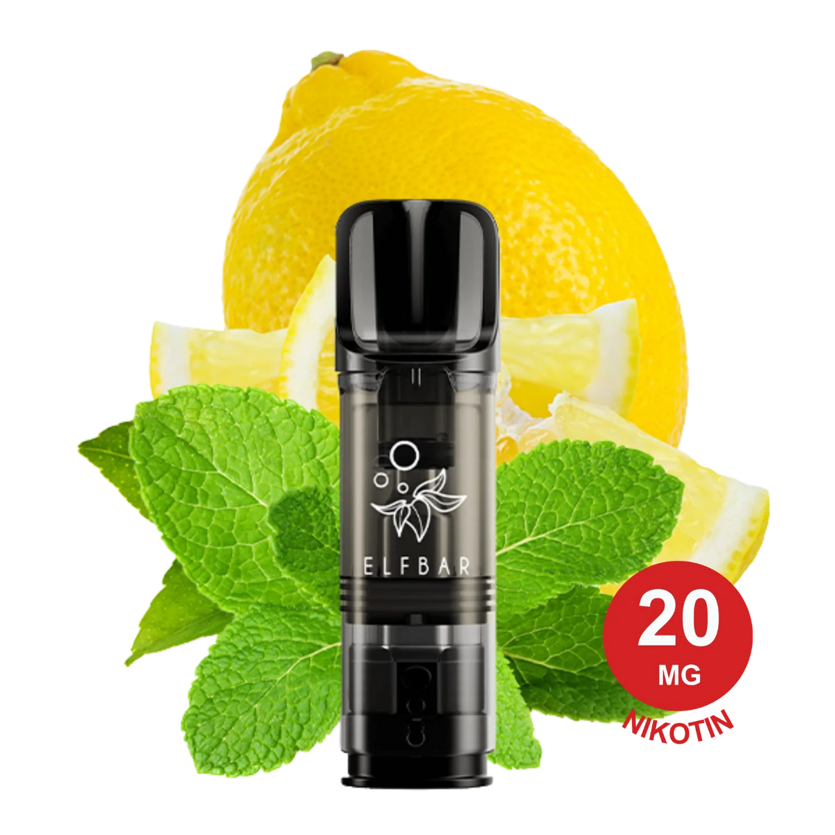 Black Lemon Mint ELFA Pod Vape-Gerät mit Zitronen- und Minzblättern im Hintergrund, Firmenlogo und Branding sichtbar.