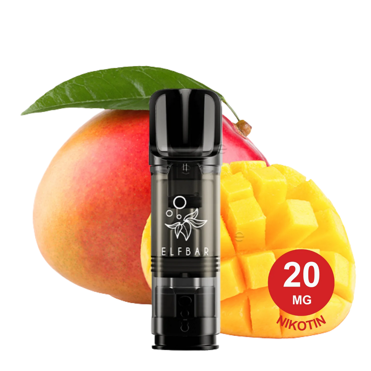 Mango ELFA Pod-Vaping-Gerät neben einer ganzen Mango, einem grünen Blatt und einer gewürfelten halben Mango. Weißes Logo mit Blatt und Blasen.