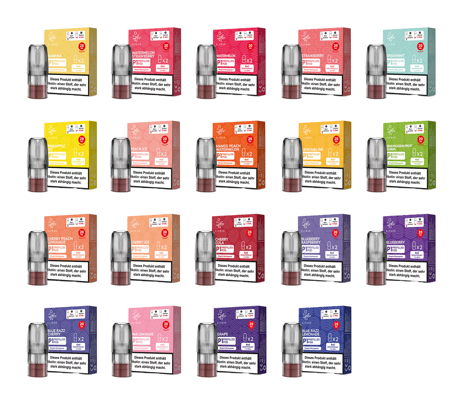 Auswahl an MATE500-Pods-E-Zigarettenboxen in Rot, Orange, Gelb, Grün, Blau und Lila mit Marken- und Geschmacksdetails.