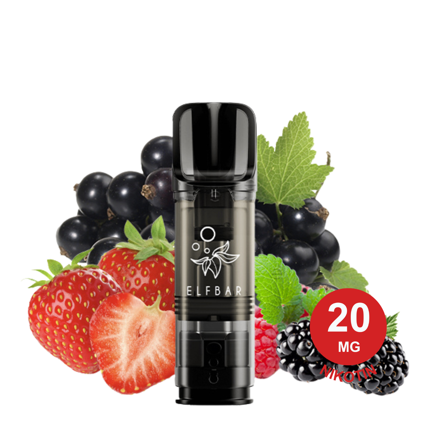 ELFBAR ELFA Pod – Mix Berries 20mg Nikotin (2er Pack) mit Erdbeeren, Brombeeren, Himbeeren und schwarzen Johannisbeeren mit grünen Blättern