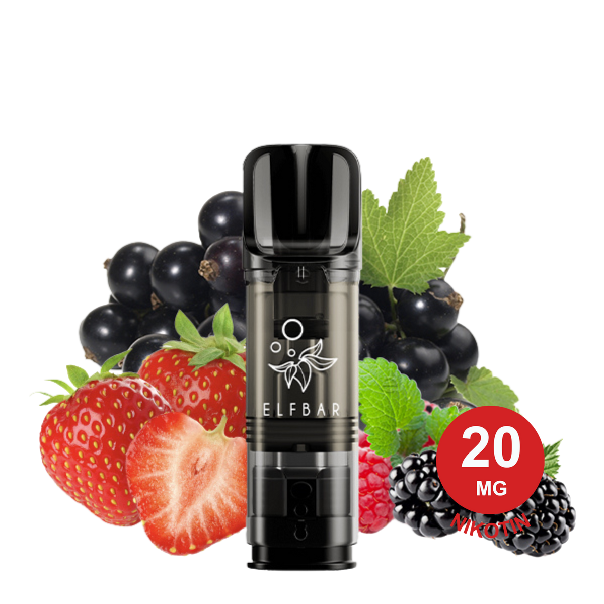 ELFBAR ELFA Pod – Mix Berries 20mg Nikotin (2er Pack) mit Erdbeeren, Brombeeren, Himbeeren und schwarzen Johannisbeeren mit grünen Blättern