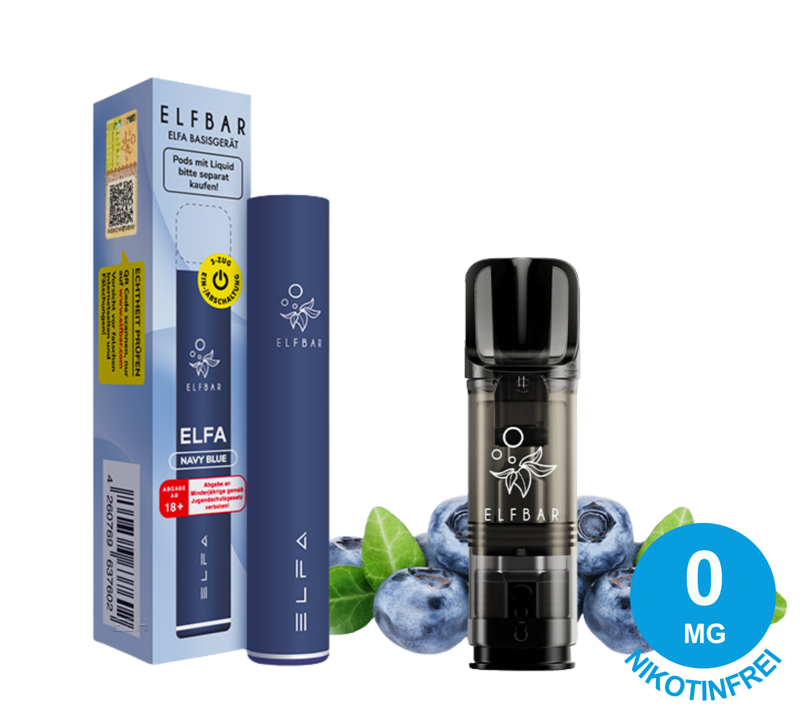 Navy Blue ELFA Basisgerät neben einem ELFA Pod Blueberry mit frischen Blaubeeren im Hintergrund und dem Aufdruck „0 mg nikotinfrei“ auf Deutsch.