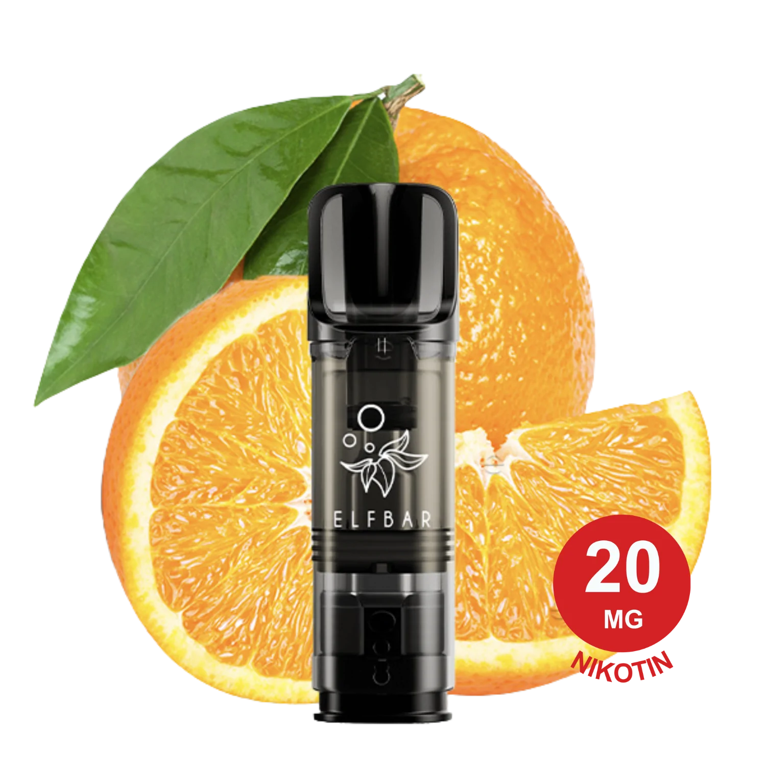 Schwarz-orangefarbener ELFA Pod Vape Pen von Elf Bar mit frischer Orange und Orangenscheibe auf weißem Hintergrund