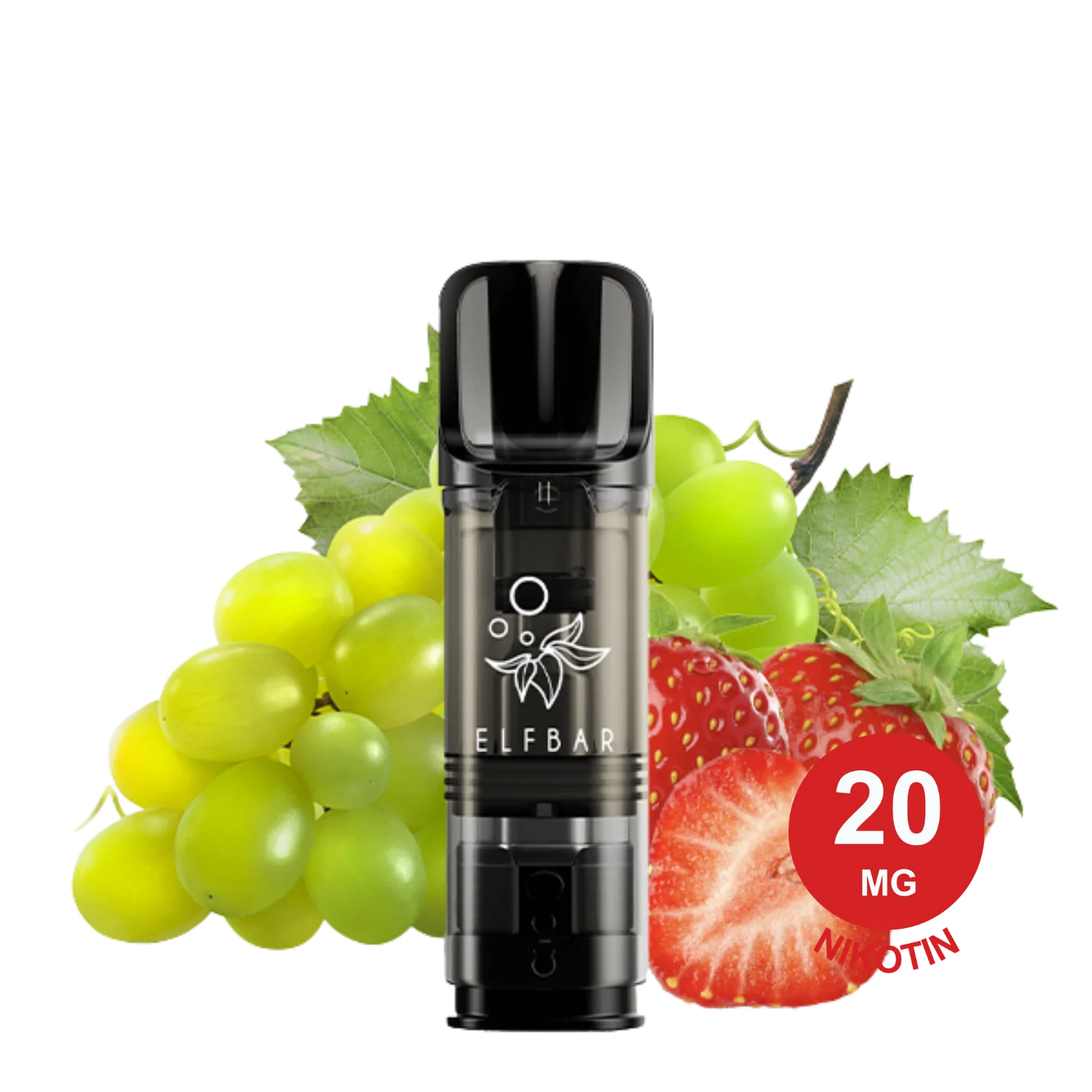 Elfbar-Vaping-Gerät vor frischen grünen Trauben und geschnittenen Erdbeeren, was auf den 2x Strawberry Grape ELFA Pod-Geschmack hinweist.