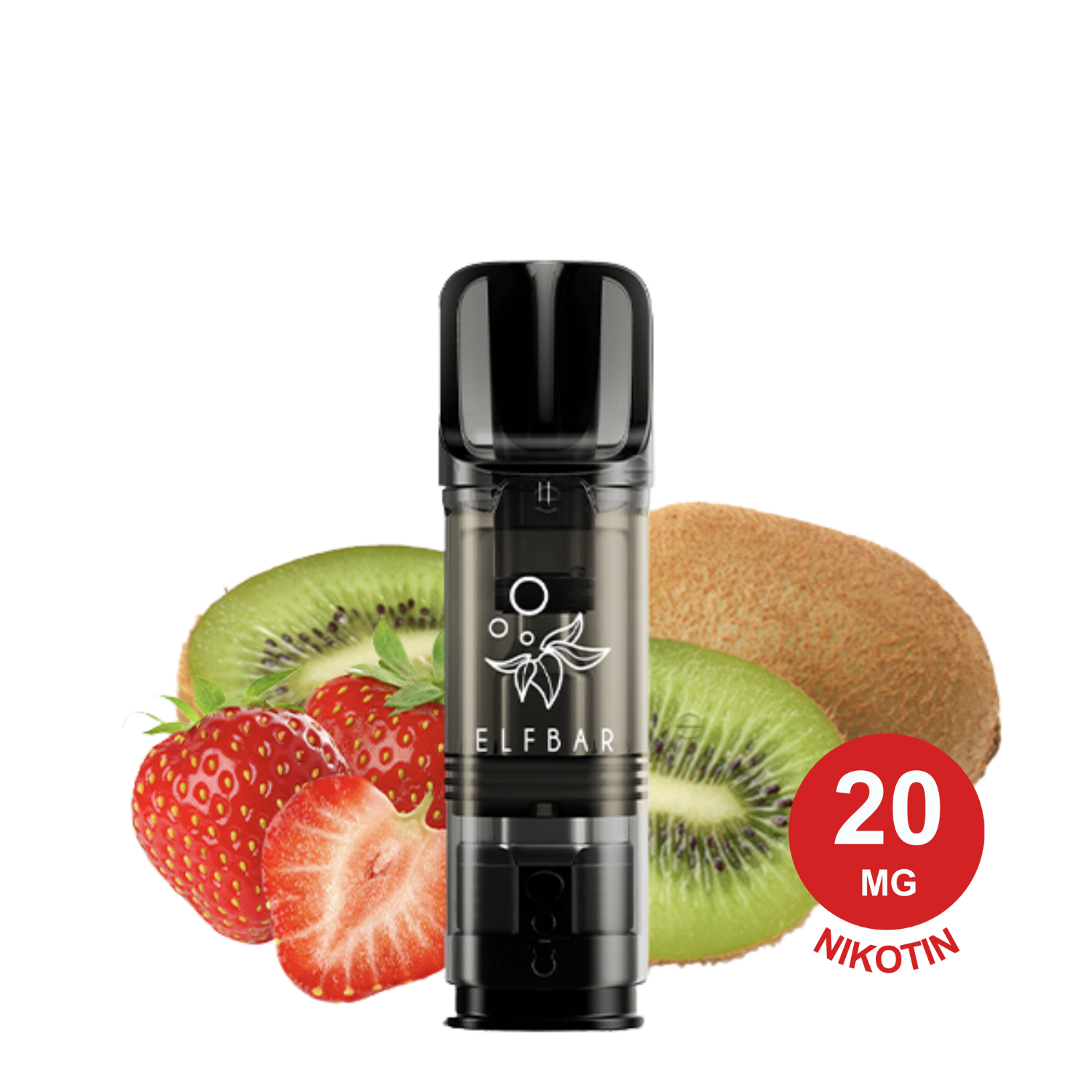 2x Strawberry Kiwi ELFA Pod“ vor halbierter Kiwi und zwei Erdbeeren, farbenfroher, frischer Hintergrund.