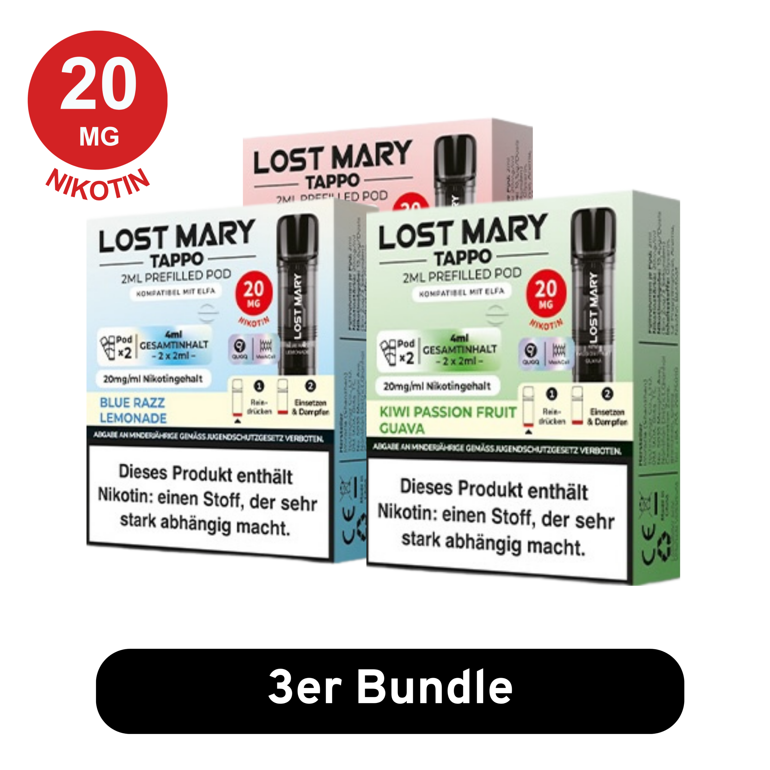 Ein 3er-Bündel des „TAPPO 3er Pod-Mix-Bundle“ mit 2 ml vorgefüllten Pods, erhältlich in verschiedenen Geschmacksrichtungen wie Blue Razz Lemonade und Kiwi Passionsfrucht Guave, jeweils mit der Aufschrift „20 MG“ Nikotin.