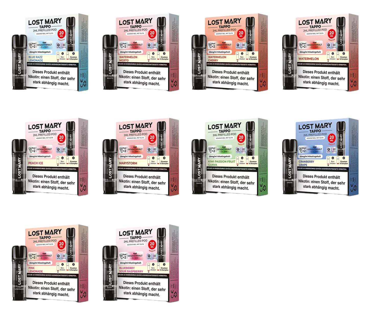 Neun TAPPO-Pods Vaping-Produkte in verschiedenen Farben und Geschmacksrichtungen.