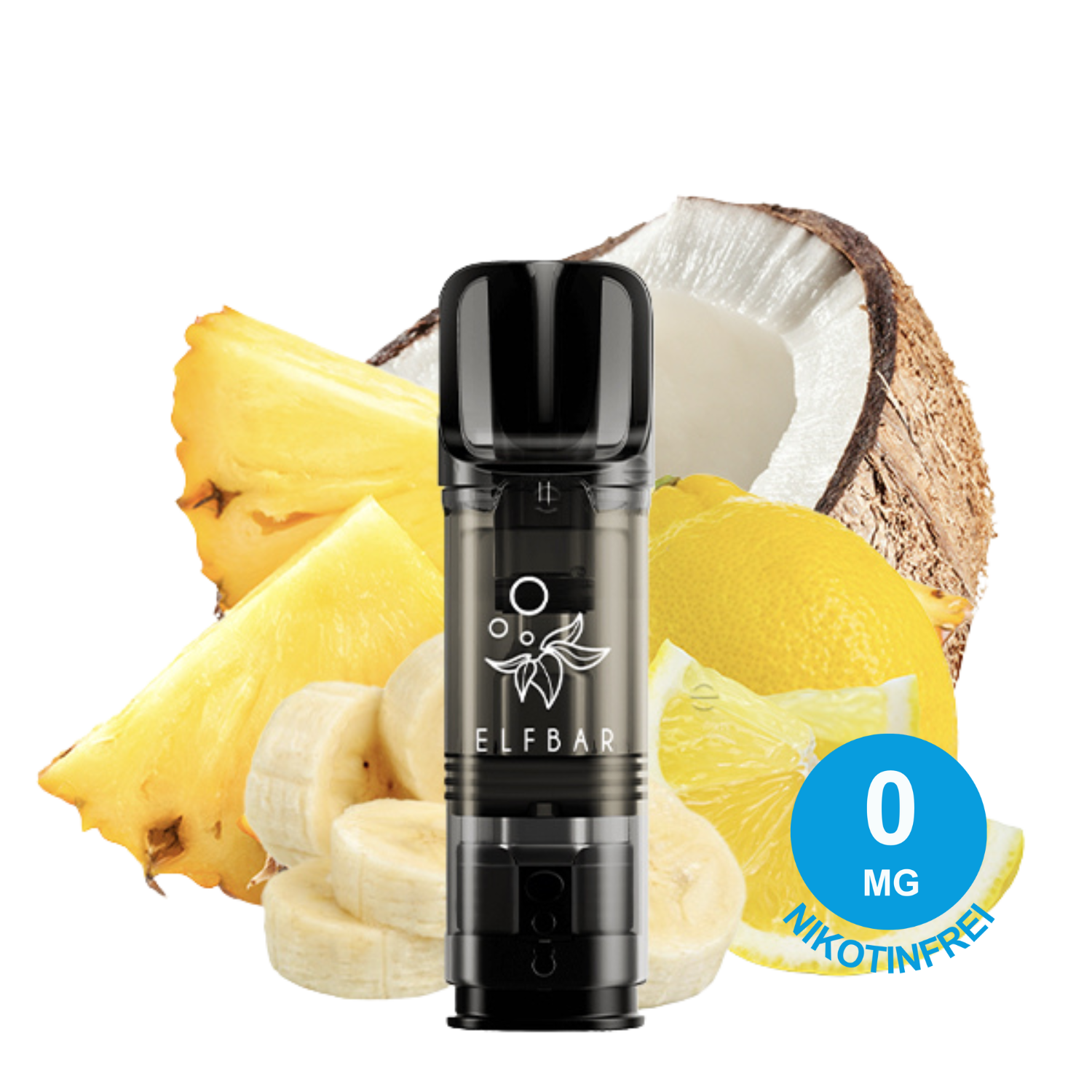 2x Tropenfrucht ELFA Pod Nikotinfrei mit Ananas, Banane, Zitronenscheiben und halbierter Kokosnuss im Hintergrund