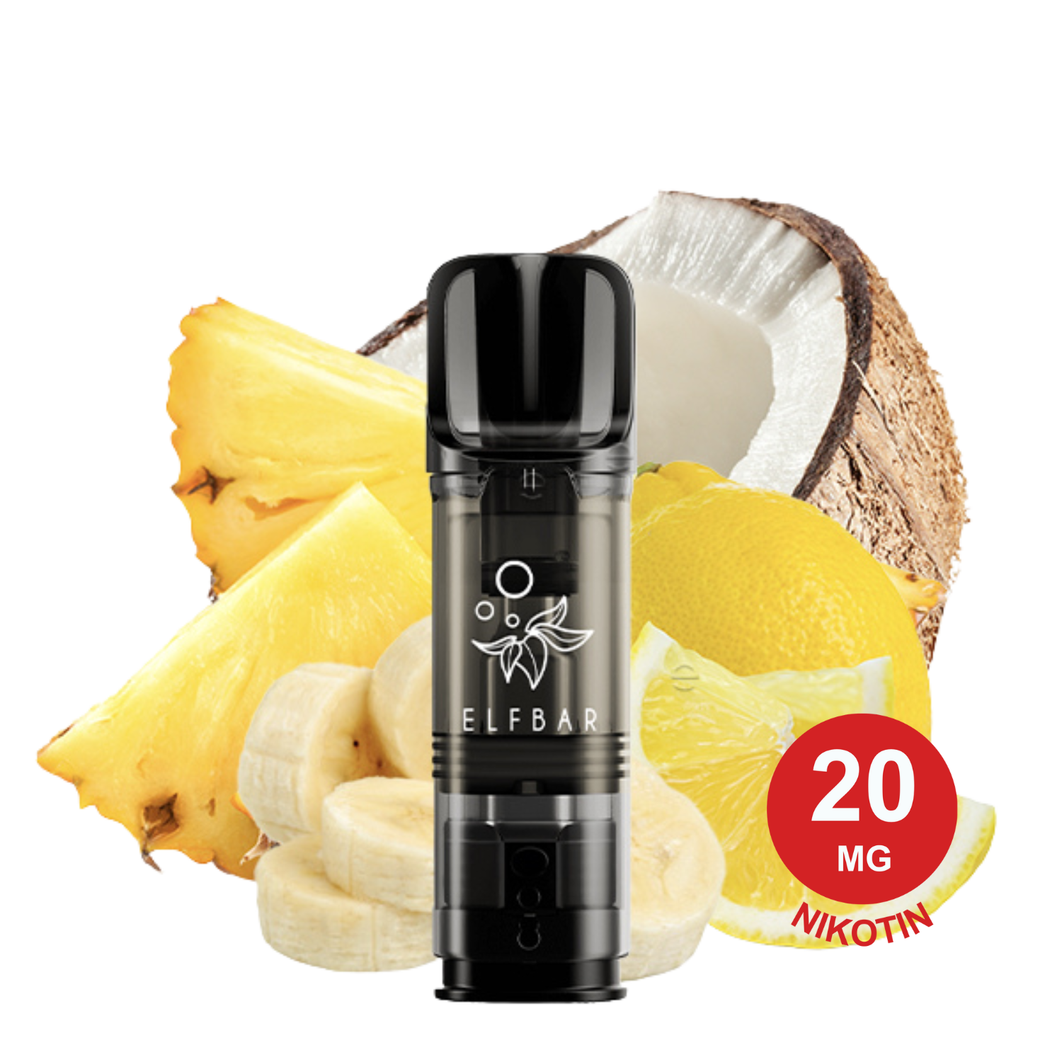 2x Tropenfrucht ELFA Pod mit Ananas, Banane, Zitronenscheiben und halbierter Kokosnuss im Hintergrund