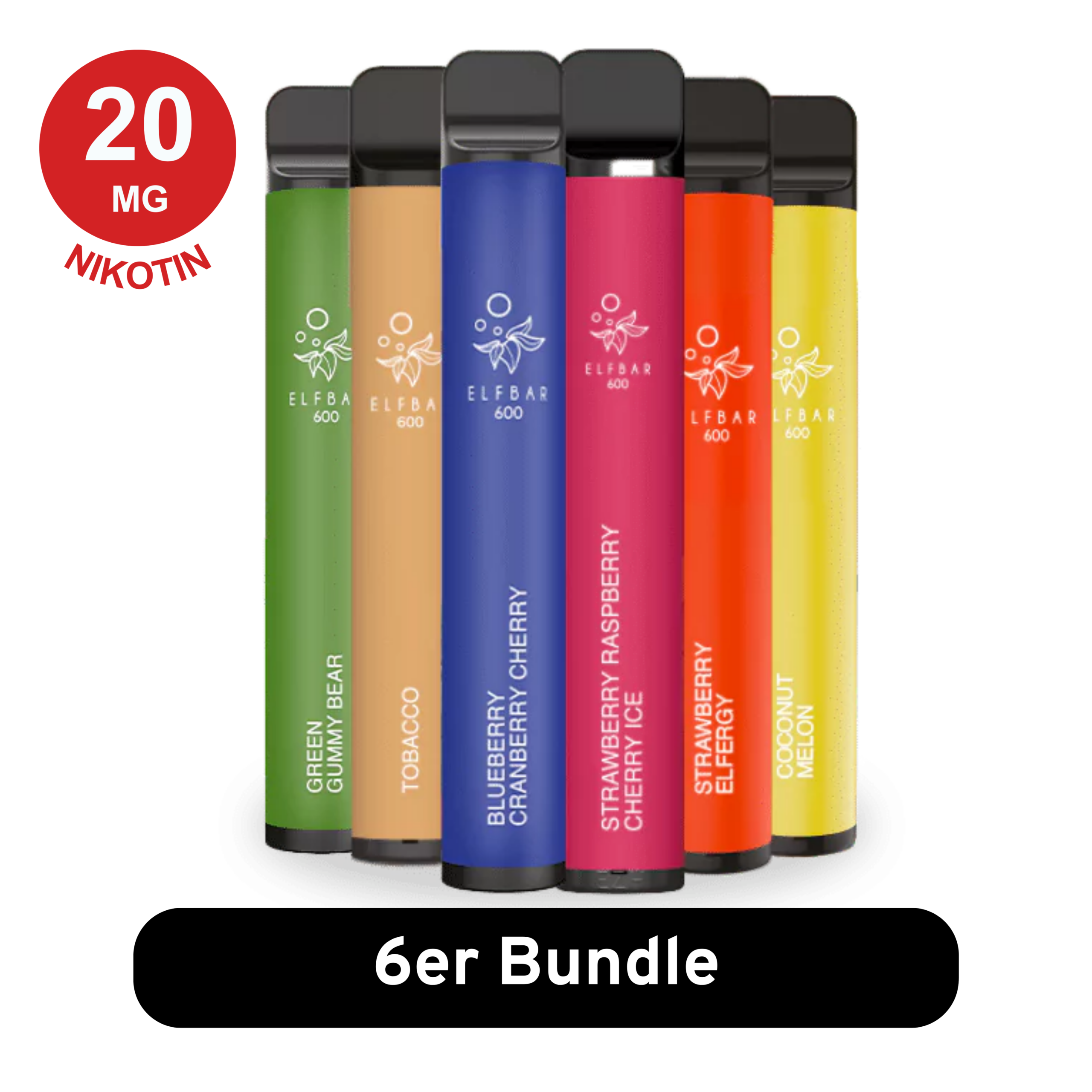 Elfbar 600 V1 6er Bundle – Einweg E-Zigaretten mit 20 mg/ml Nikotinsalz in verschiedenen Geschmacksrichtungen wie Mango, Blueberry, Kiwi Passion Fruit Guava, Tobacco und mehr. Jede Elfbar bietet bis zu 600 Züge für ein intensives Dampferlebnis.