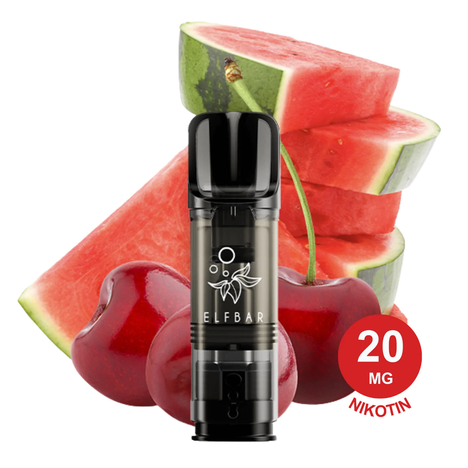 2x Watermelon Cherry ELFA Pod mit frischen Wassermelonenscheiben und Kirschen, Elfbar-Logo auf dem Vape sichtbar.