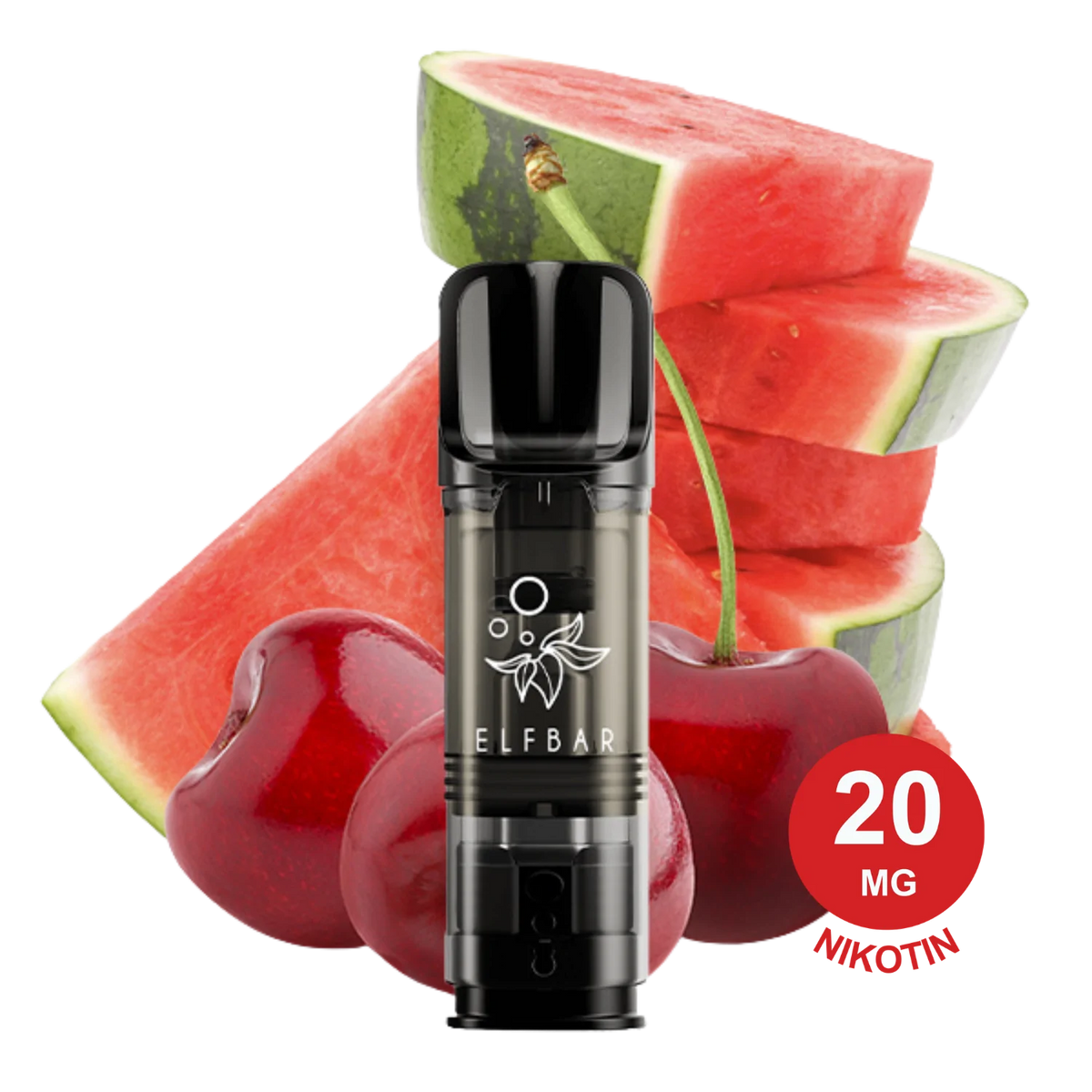 2x Watermelon Cherry ELFA Pod mit frischen Wassermelonenscheiben und Kirschen, Elfbar-Logo auf dem Vape sichtbar.