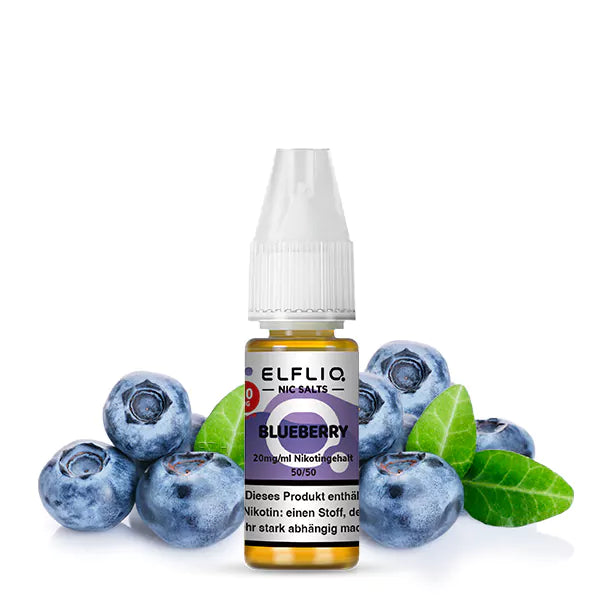 10 ml Blueberry ELFLIQ Vape-Saft, 20 mg/ml Nikotin, frische Blaubeeren und grüne Blätter auf einer Flasche mit deutschem Warntext.