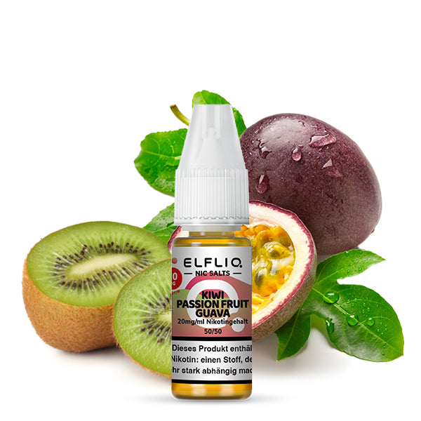Flasche Kiwi-Passionsfrucht-Guave ELFLIQ 10 ml E-Liquid mit 20 mg/ml Nikotin neben halbierter Kiwi und Passionsfrucht.