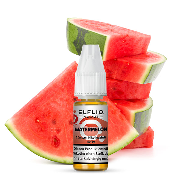 Wassermelone ELFLIQ 10-ml-E-Liquid-Flasche mit weißem Deckel, Markenname Elfliq, 20 mg/ml Nikotin, frische Wassermelonenscheiben.