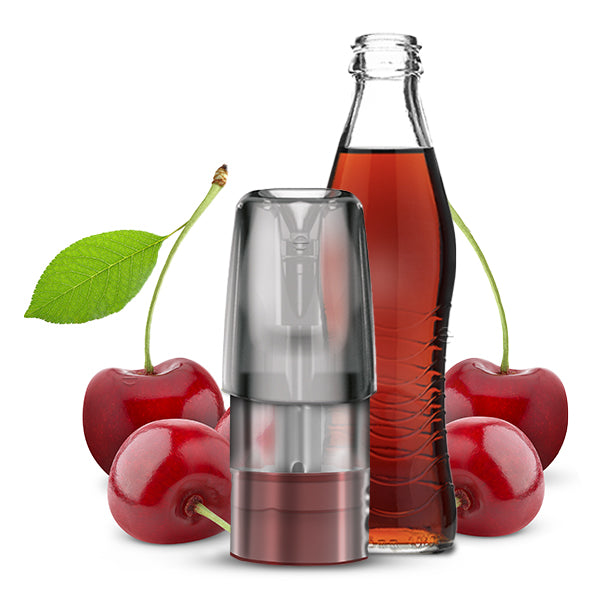 Cherry Cola Vape Tappo Pod mit reifen Kirschen und einer Flasche dunkler Flüssigkeit, an einer Kirsche hängt ein grünes Blatt.
