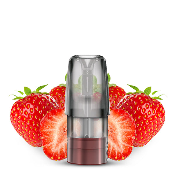 Erdbeer-E-Liquid-Pod mit ganzen und halbierten Erdbeeren, die einen fruchtinspirierten Geschmackshintergrund erzeugen.