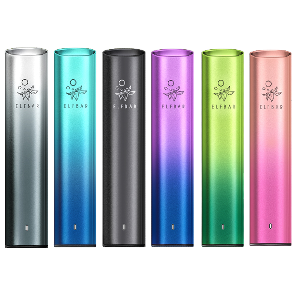Sechs MATE500-Basisgeräte-Vaping-Geräte in Silber, Blaugrün, Schwarz, Lila-Farbverlauf, Grün und Rosa-Farbverlauf; ELF BAR-Logo sichtbar.