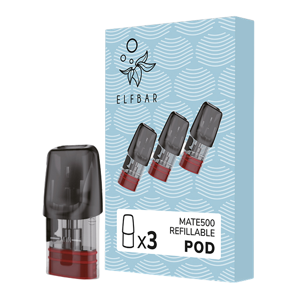 Hellblaues nachfüllbares Pod-Paket Elfbar MATE500 mit Wellenmuster, 3 Pods in der Schachtel und ein Pod daneben stehend.