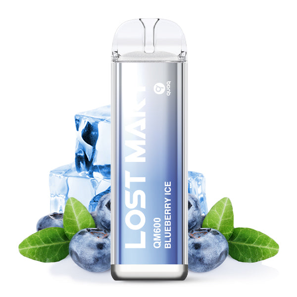 Dampfgerät mit Blaubeergeschmack und der Aufschrift „Blueberry Ice“ mit durchsichtigem Mundstück, abgebildet mit Eiswürfeln, frischen Blaubeeren und grünen Blättern.