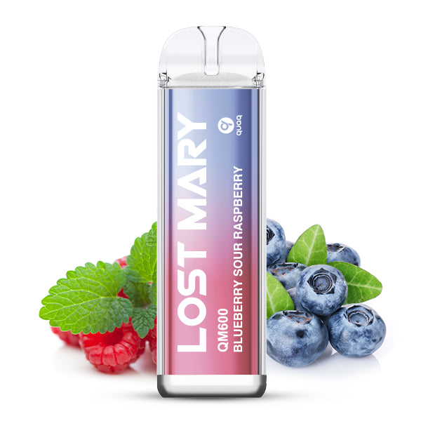 Lost Mary QM600 Blueberry Sour Raspberry Vape Pen mit Design mit Farbverlauf von Pink nach Blau, frischen Blaubeeren, Himbeeren und Blättern.